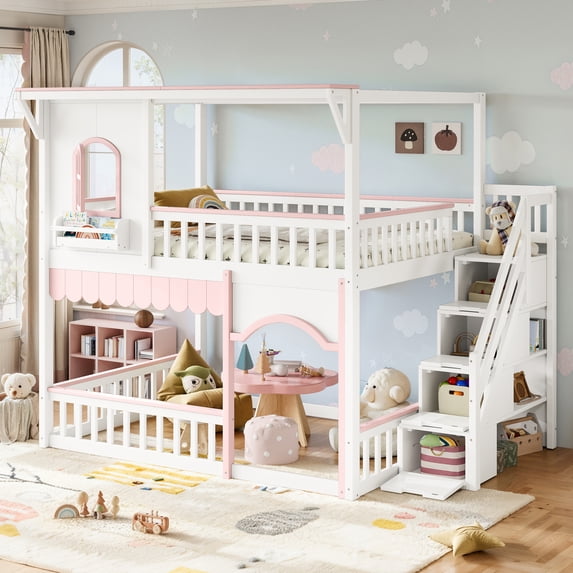HOQBN Full over Full House Bunk Bed with Storage Stairs, House Bunk Bed with Window & Side Bookshelf, Solid Wood Bed Frame with Play Designed, Convertible Lower Space for Sleep or Play, White+Pink