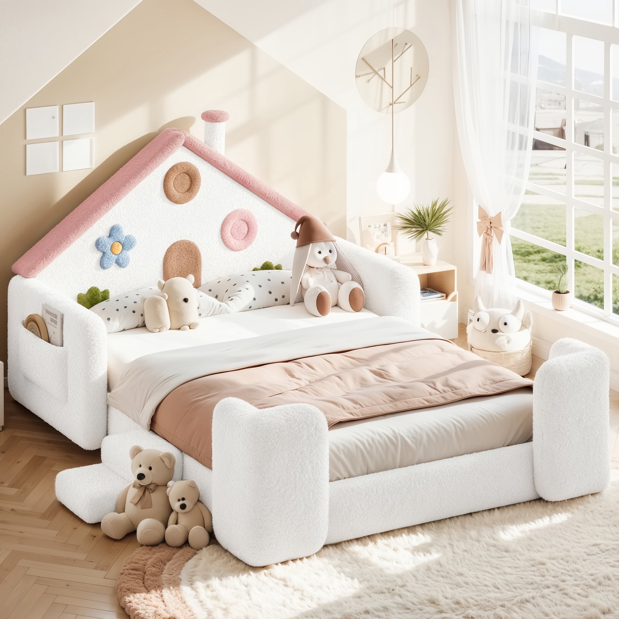 HOQBN Full House Shaped Upholstered Floor Bed, Upholstered Kids Bed with Safety Side Rails, Low Floor Playhouse Bed for Nursery & Kids Bedroom White & Pink
