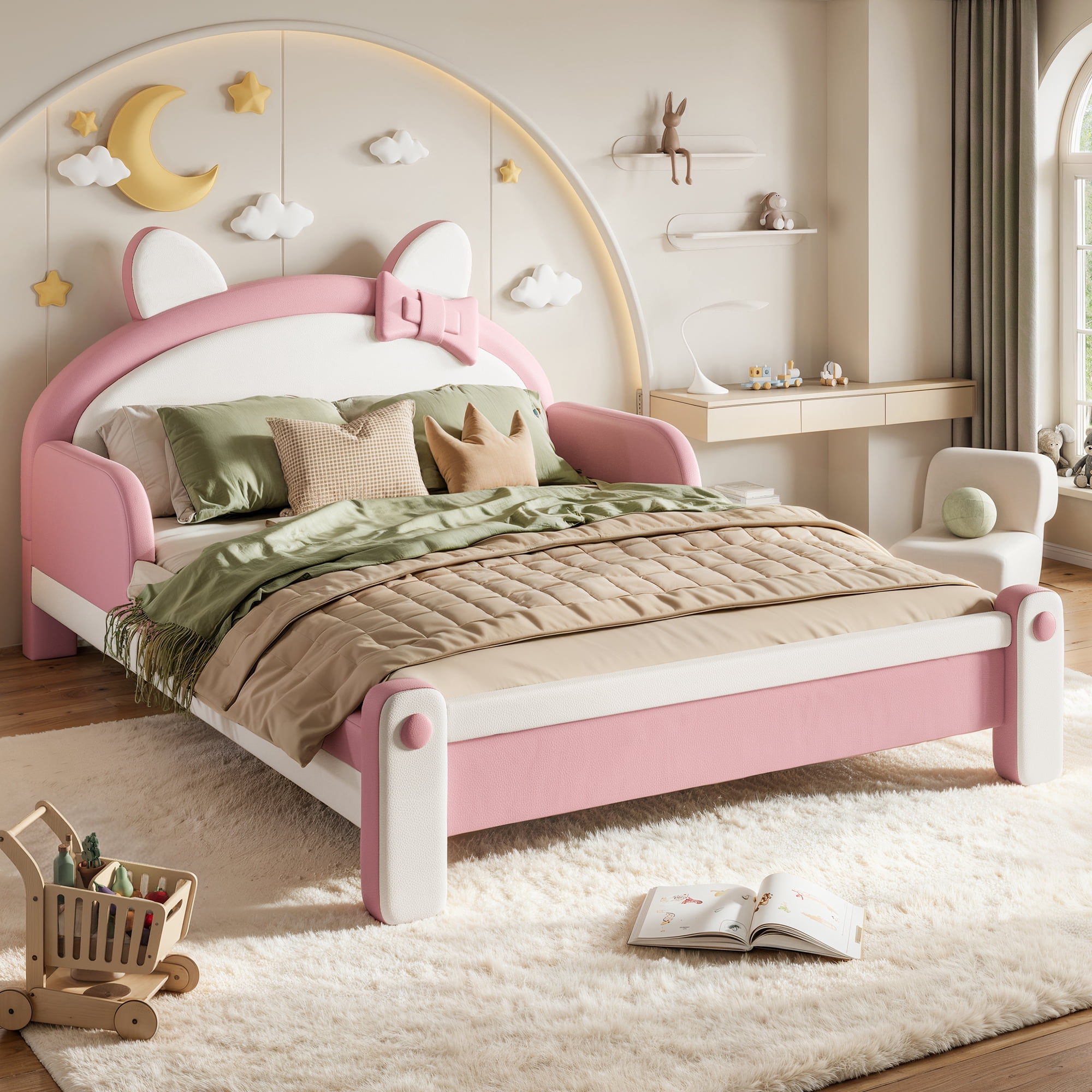 HOQBN Full Size Cute Cat Shaped Upholstered Kids Platform Bed, Princess Style Low Profile Children Bed Frame for Bedroom White & Pink