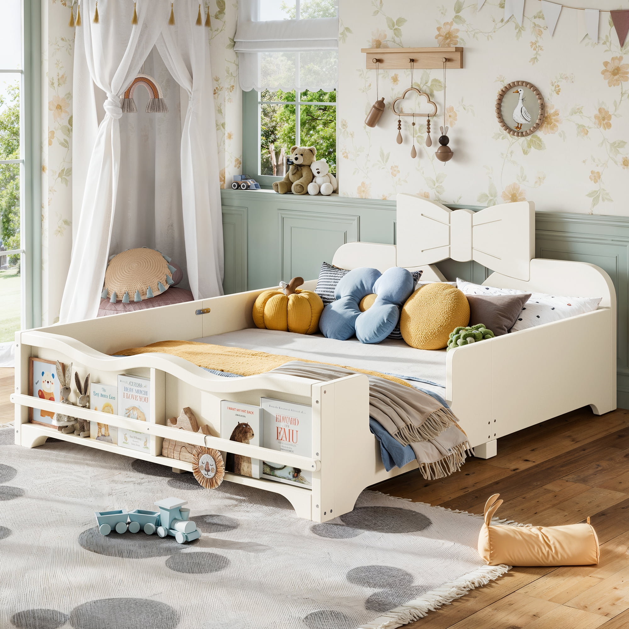 HOQBN Full Size Kids Platform Bed with Surround Guardrails, Cute Bowknot Shaped Headboard & Built-in Side Bookshelf, Wood Finish Floor Bed Beige