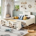 thumbnail image 1 of HOQBN Full Size Kids Platform Bed with Surround Guardrails, Cute Bowknot Shaped Headboard & Built-in Side Bookshelf, Wood Finish Floor Bed Beige, 1 of 9