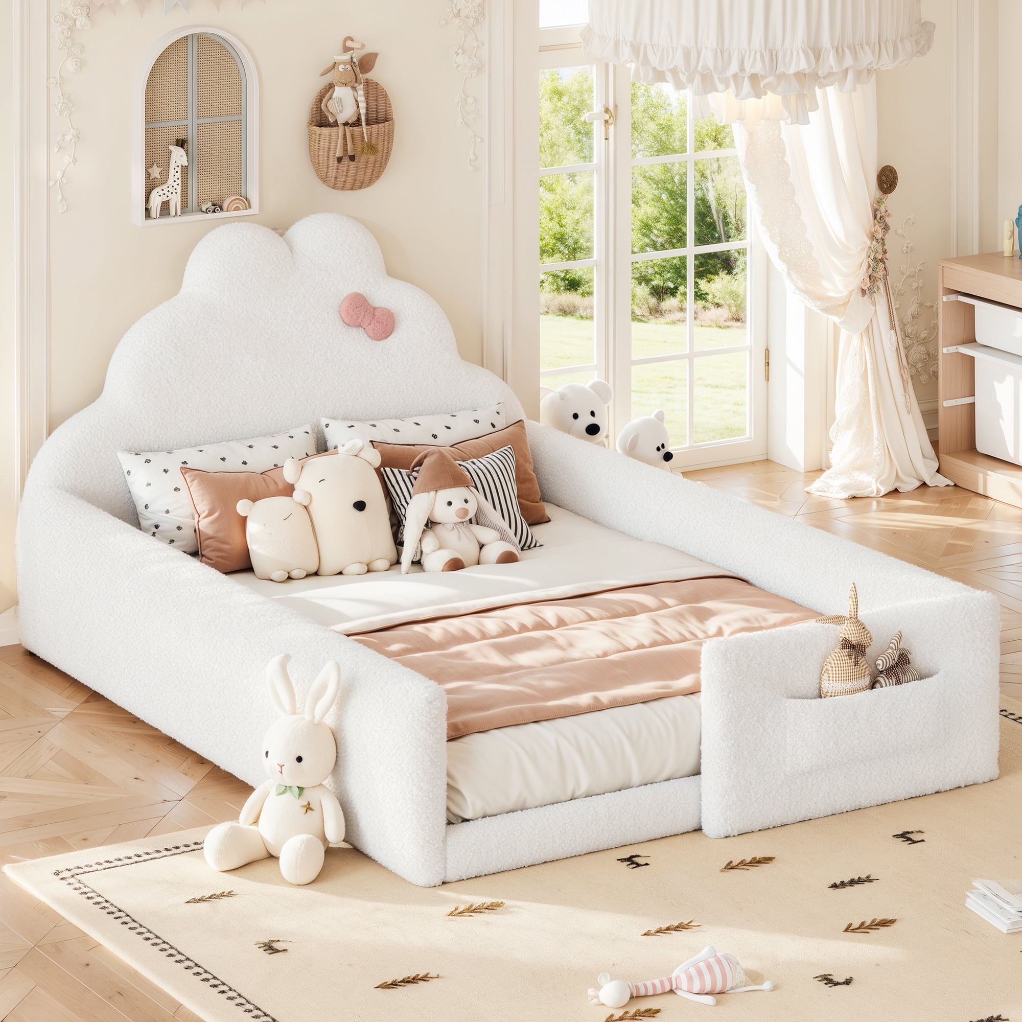 HOQBN Full Size Upholstered Floor Bed Frame, Soft Padded Upholstered Kids Bed, Safe Children Bed Frame with Side Storage Pocket for Bedroom White