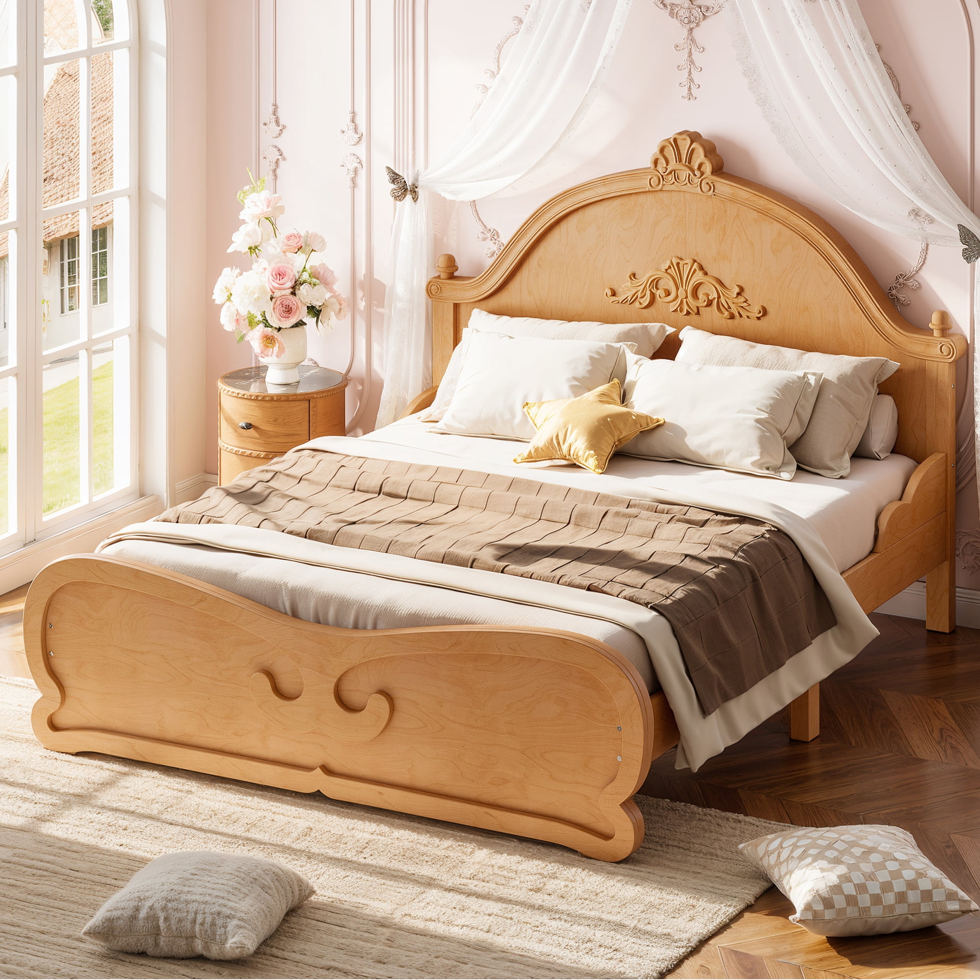 HOQBN Full Size Vintage Carved Platform Bed with Headboard, Solid Wood Bed Frame with Slatted Support, Low Profile Platform Bed for Kid Teens, Natural