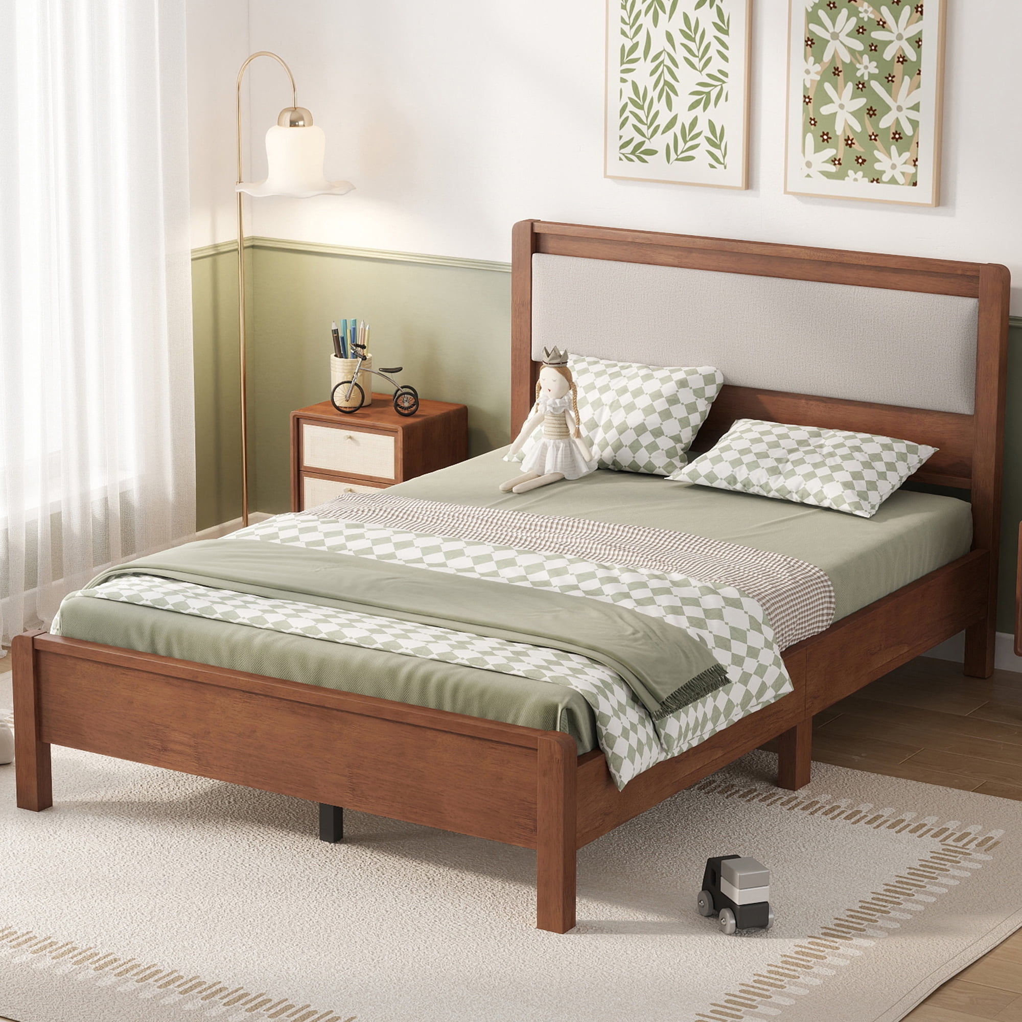 HOQBN Full Solid Rubberwood Bed Frame with Upholstered Headboard, Reinforced Central Support Legs for Bedroom Brown