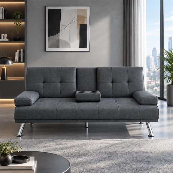 HOQBN Futon Sofa Bed with Adjustable Backrest, Cup Holders, Multi-Position Sleeper Sofa for Living Room, Bedroom, Apartment Dark Gray