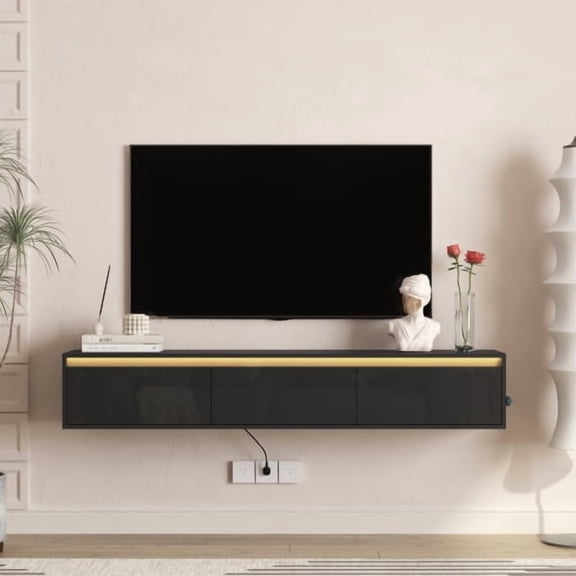 HOQBN High Gloss Wall Mounted TV Cabinet with LED Lights & Power Outlet, Floating TV Stand for Living Room, Black