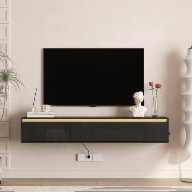 Led Downlights Label HOQBN High Gloss Wall Mounted TV Cabinet with LED Lights & Power Outlet ...