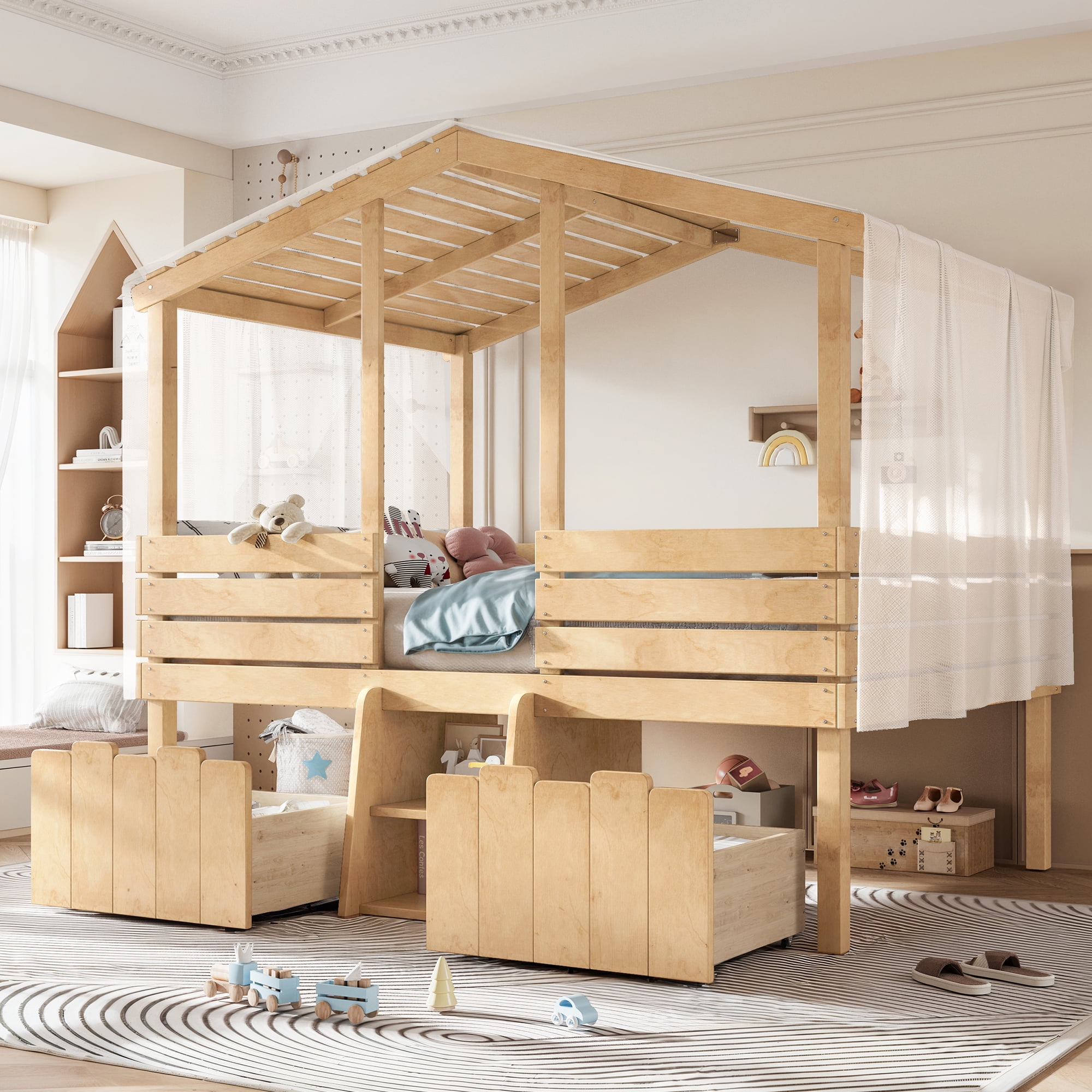 HOQBN House Loft Bed Full Size,Low Loft Bed with Stairs and 2 Big Storage Drawers,Farmhouse Style Bed Frame with House Shaped Roof,Natural