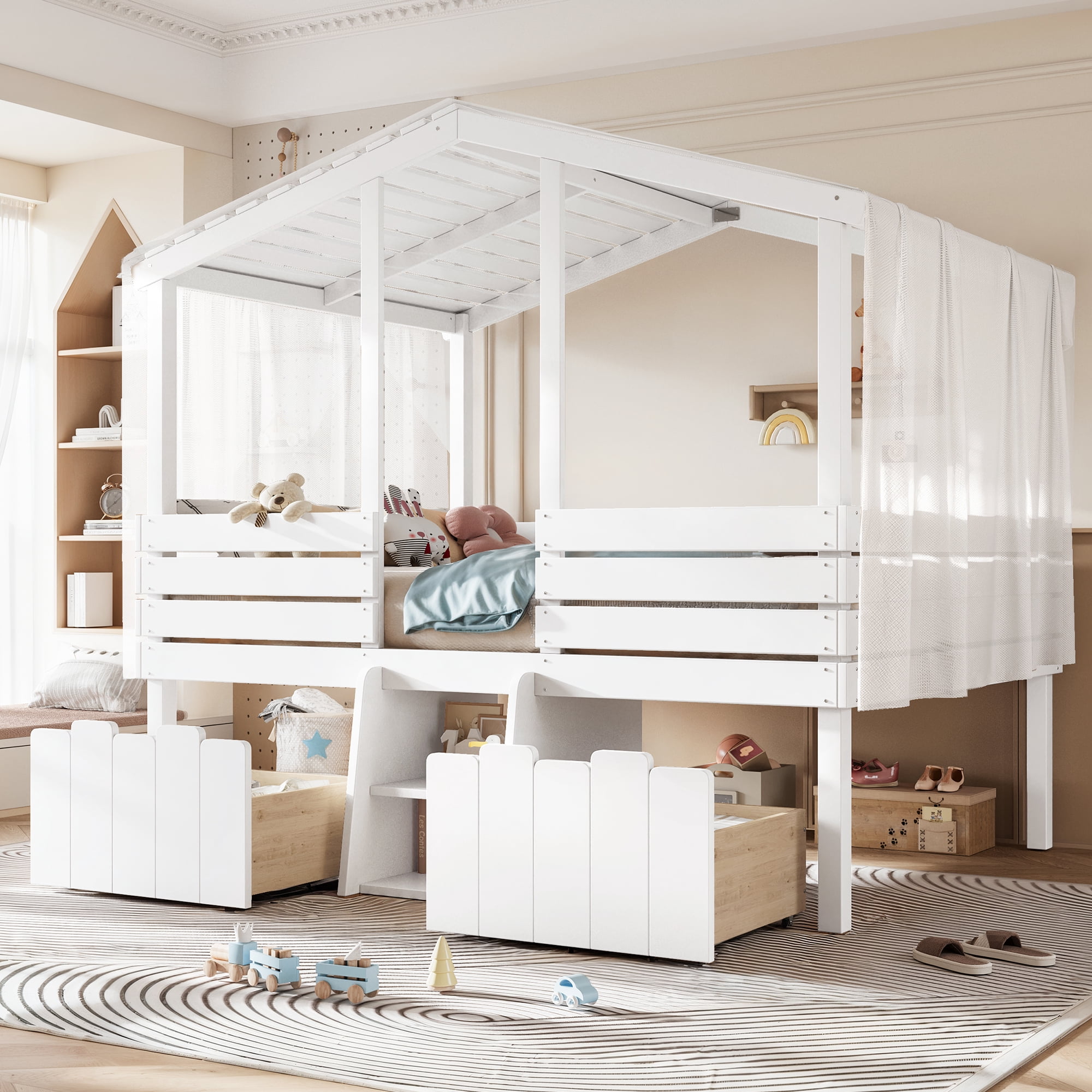 HOQBN House Loft Bed Full Size,Low Loft Bed with Stairs and 2 Big Storage Drawers,Farmhouse Style Bed Frame with House Shaped Roof,White