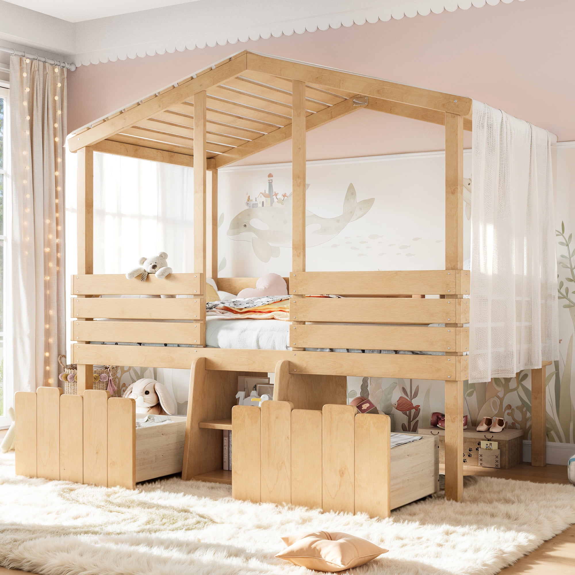 HOQBN House Loft Bed Twin Size,Low Loft Bed with Stairs and 2 Big Storage Drawers,Farmhouse Style Bed Frame with House Shaped Roof,Natural