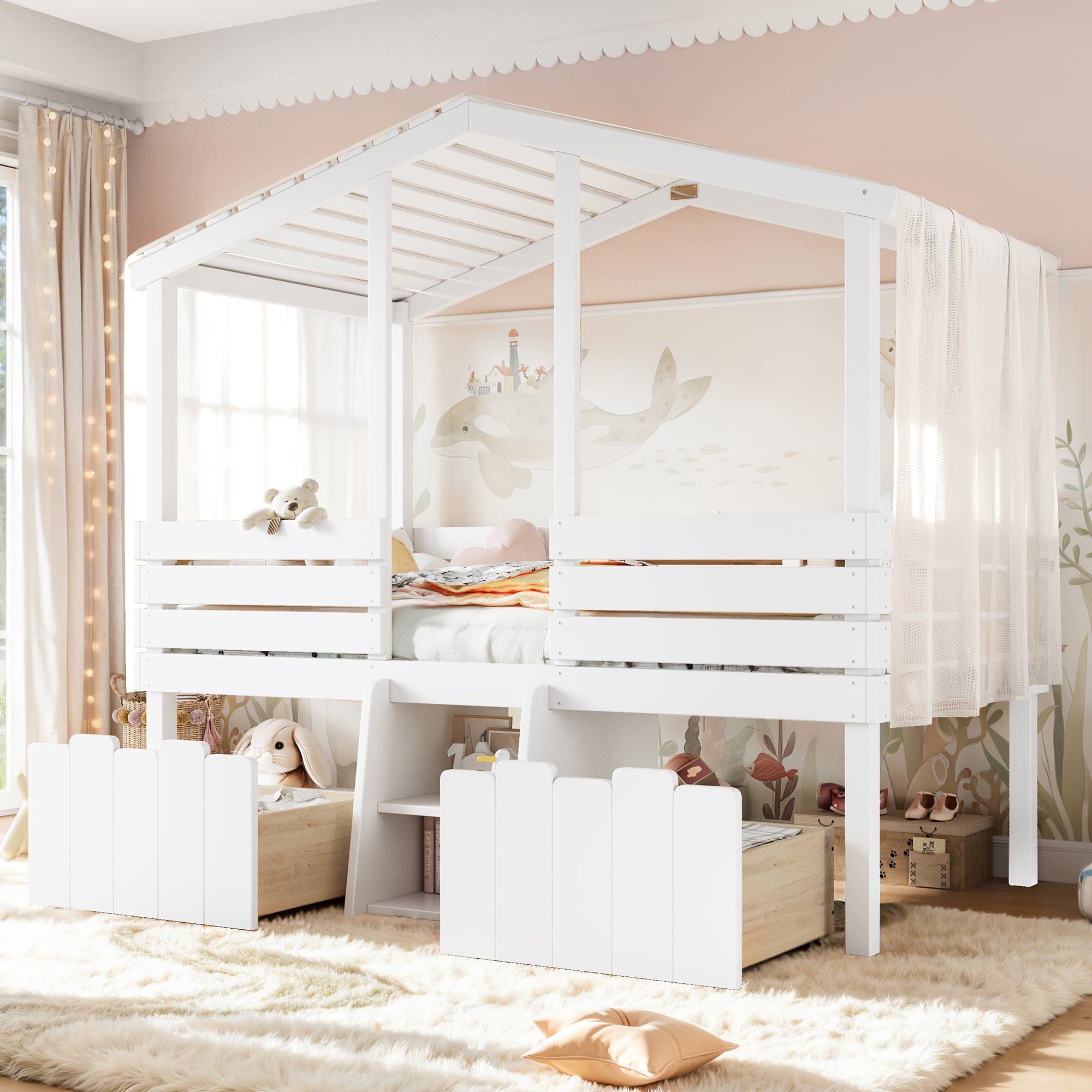 HOQBN House Loft Bed Twin Size,Low Loft Bed with Stairs and 2 Big Storage Drawers,Farmhouse Style Bed Frame with House Shaped Roof,White