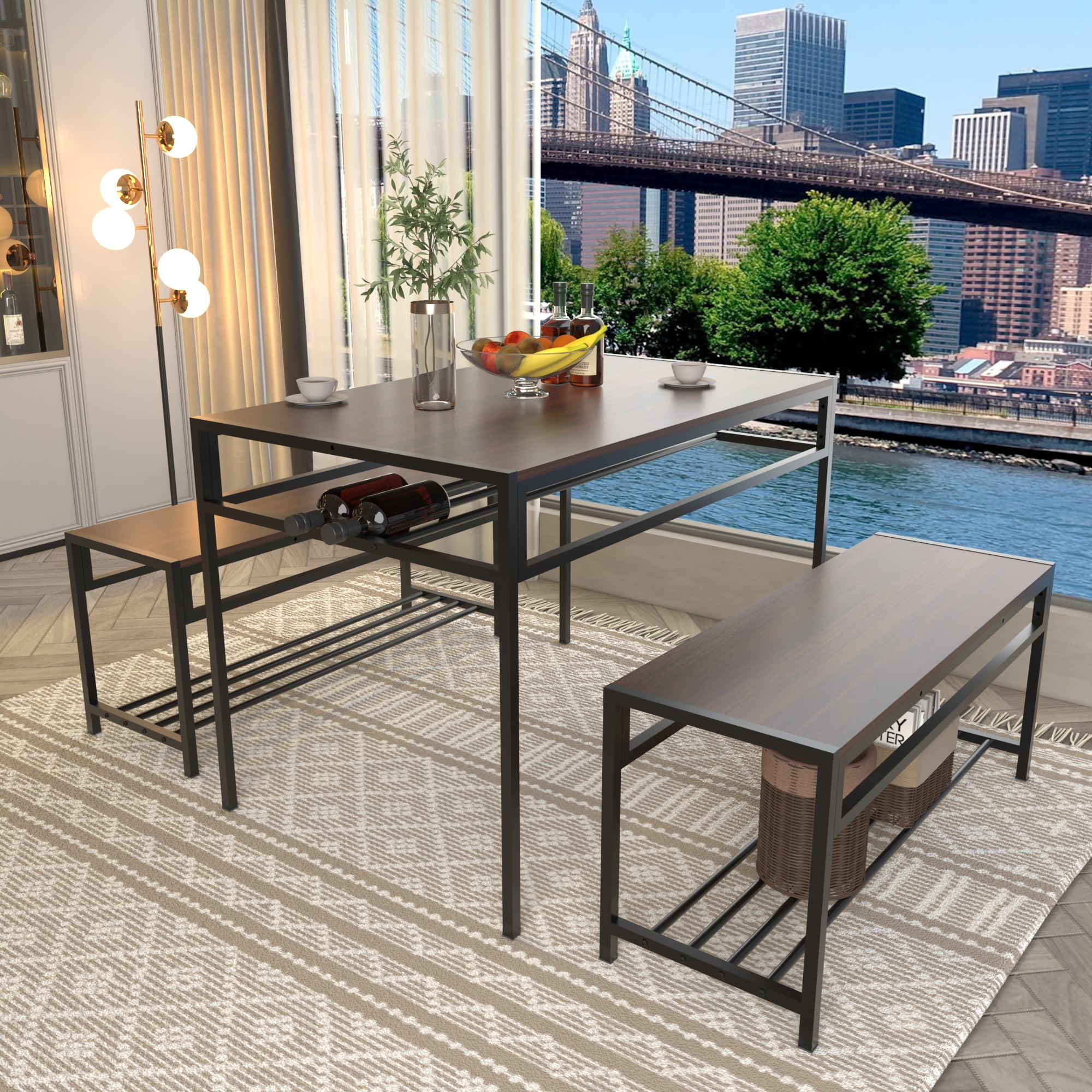 HOQBN Industrial 3 Piece Dining Table Set with 2 Benches,Rectangular Wood Grain Kitchen Table with Built-in Wine Storage Rack, Space Saving Dinner Furniture for Small Apartment Home,Walnut Brown