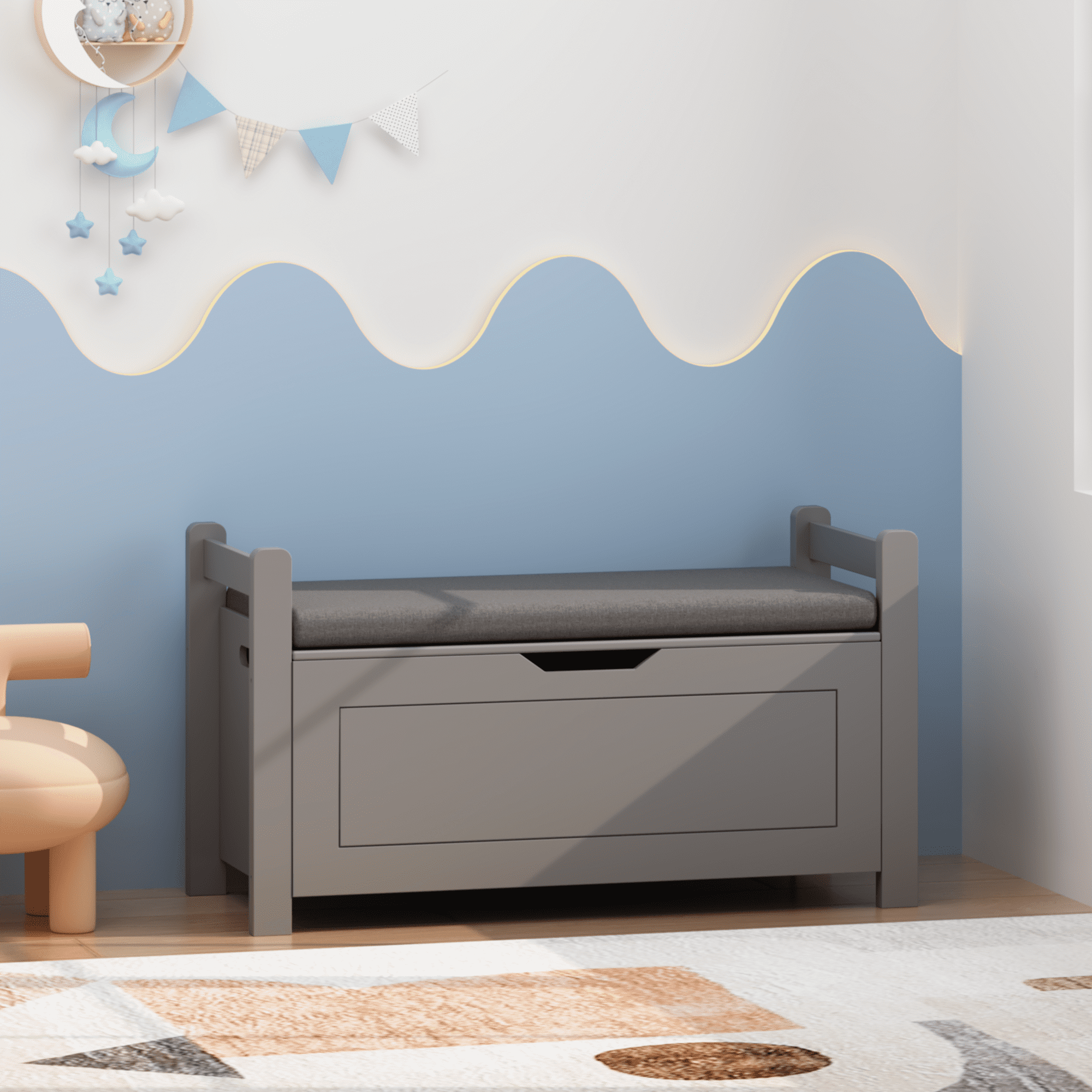 HOQBN Kids Toy Box Chest for Boys Girls,Large Toy Storage Organizer with Cushion Seat Bench,Flip-Top Lid & Safety Hinge for Nursery, Playroom,Gray