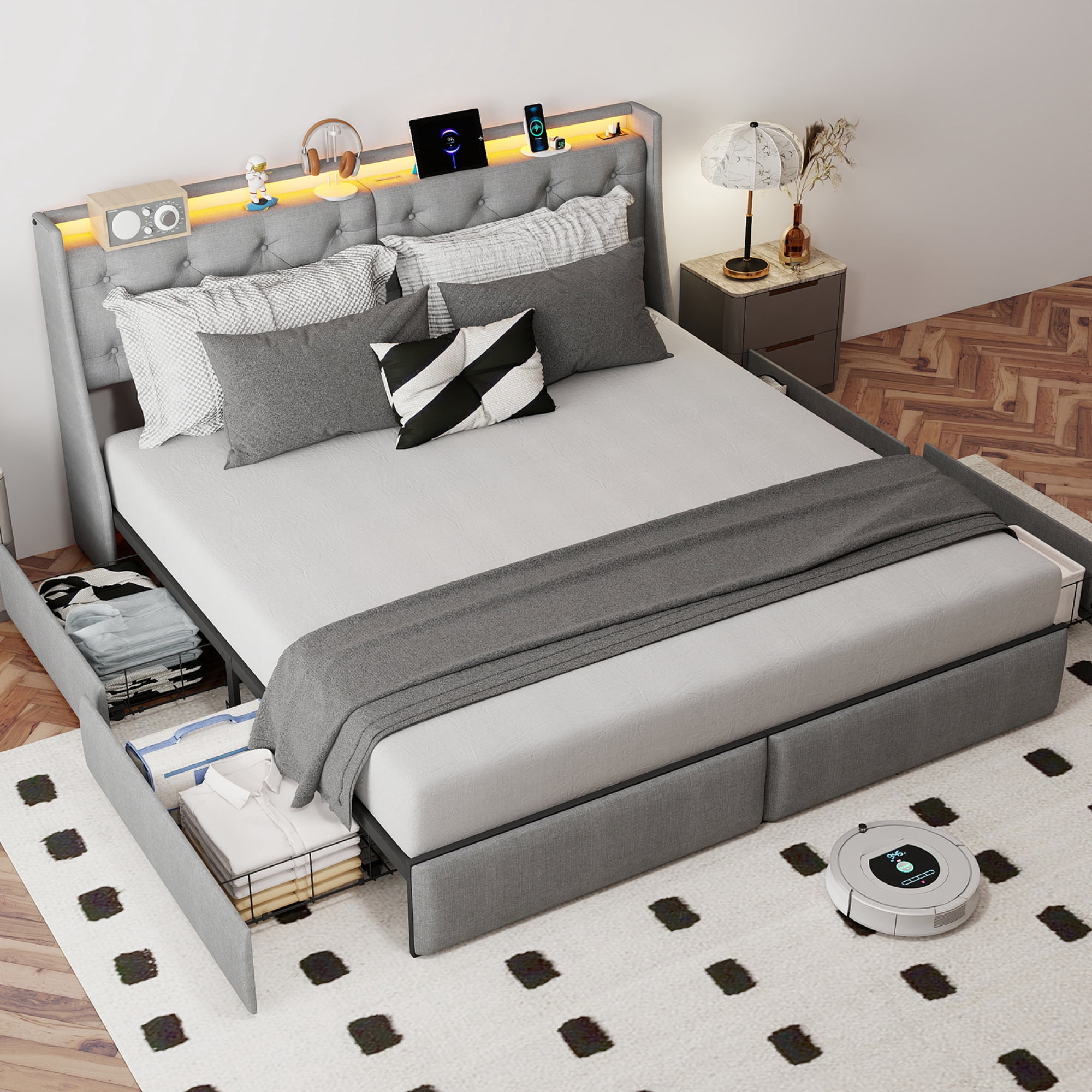 HOQBN King Size Bed Frame with Storage Headboard and 4 Drawers, Metal Bed Frame Platform with LED Light, Charging Station, No Box Spring Needed