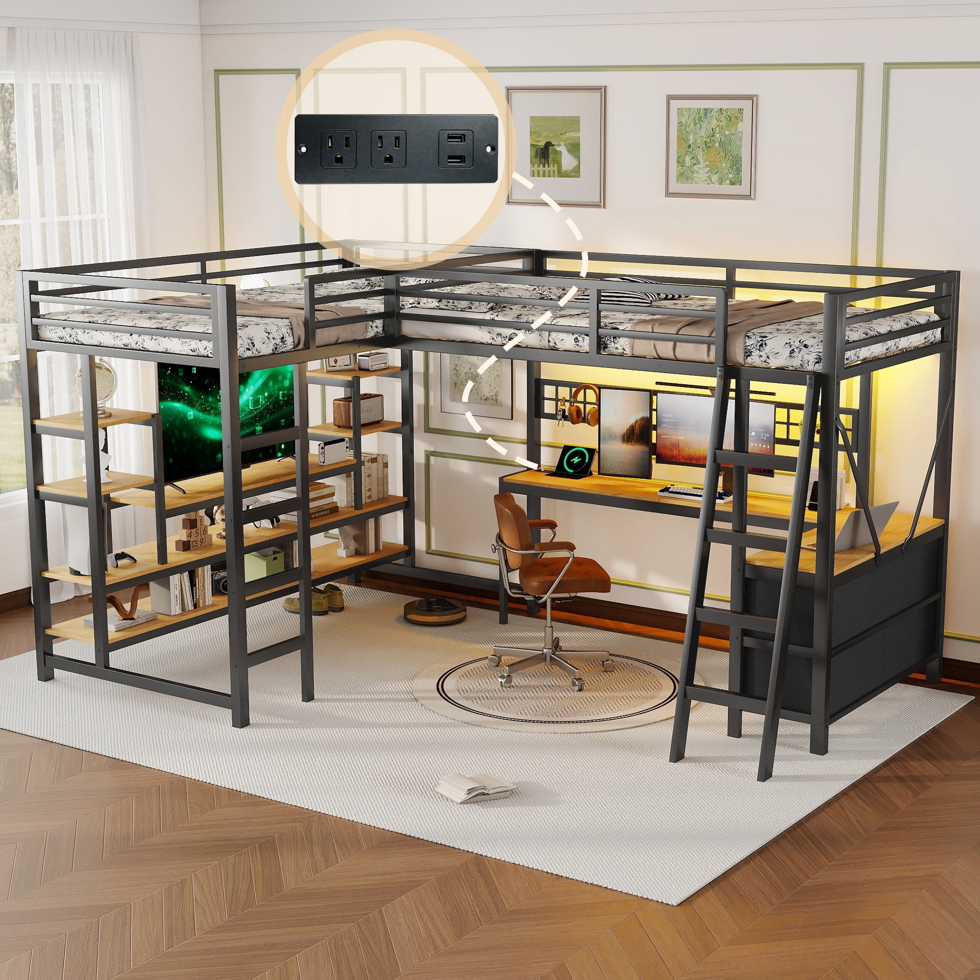 HOQBN L-Shaped Loft Bed Twin Size with 2 Built-in Desks and Show Shelves, Heavy Duty Metal Gaming Loft Bed with 5 Drawers, LED Lights, Charging Station and DIY Grid,Black