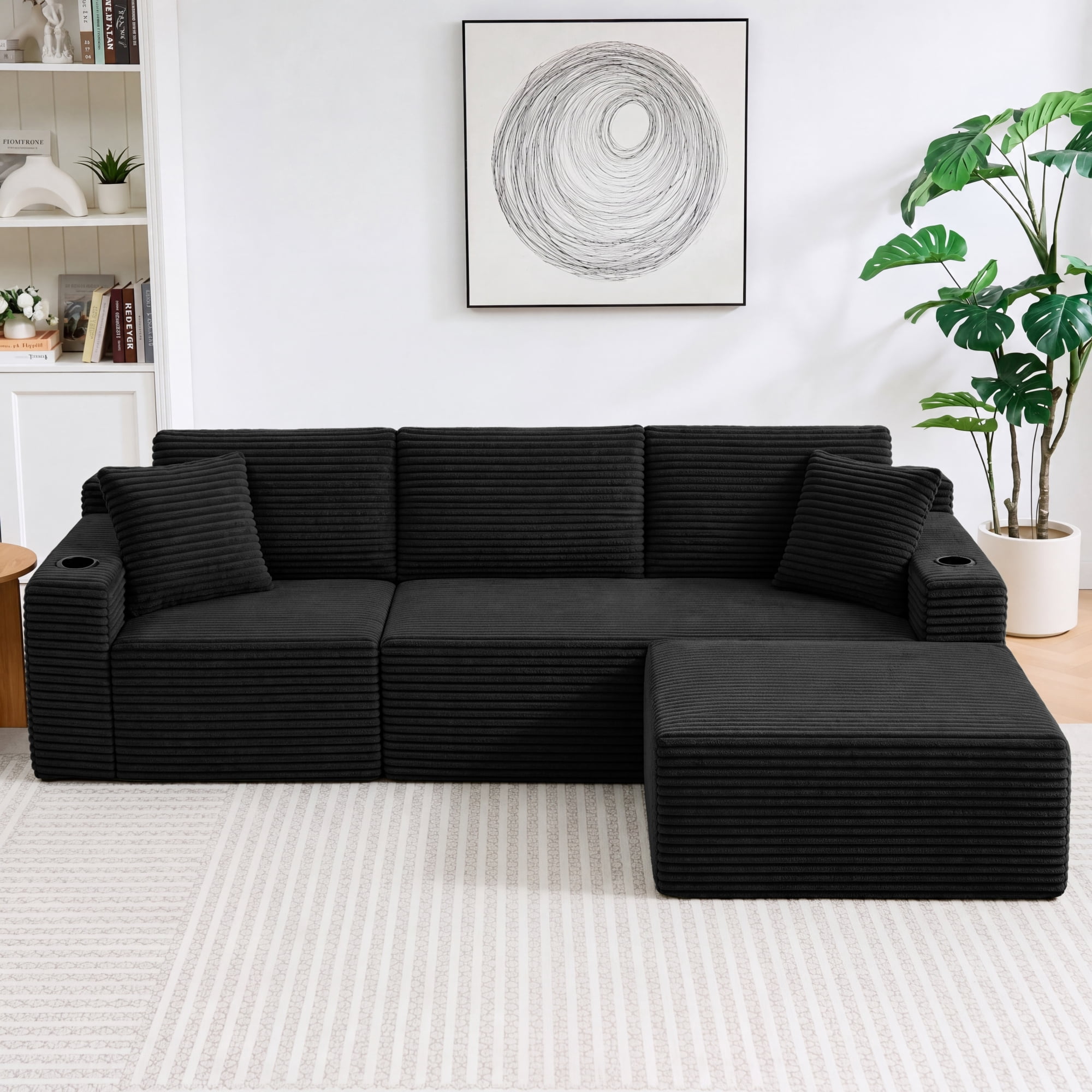 HOQBN L-Shaped Sectional Sofa with Ottoman, Corduroy 3-Seat Couch, Modern Modular Sofa for Living Room Black