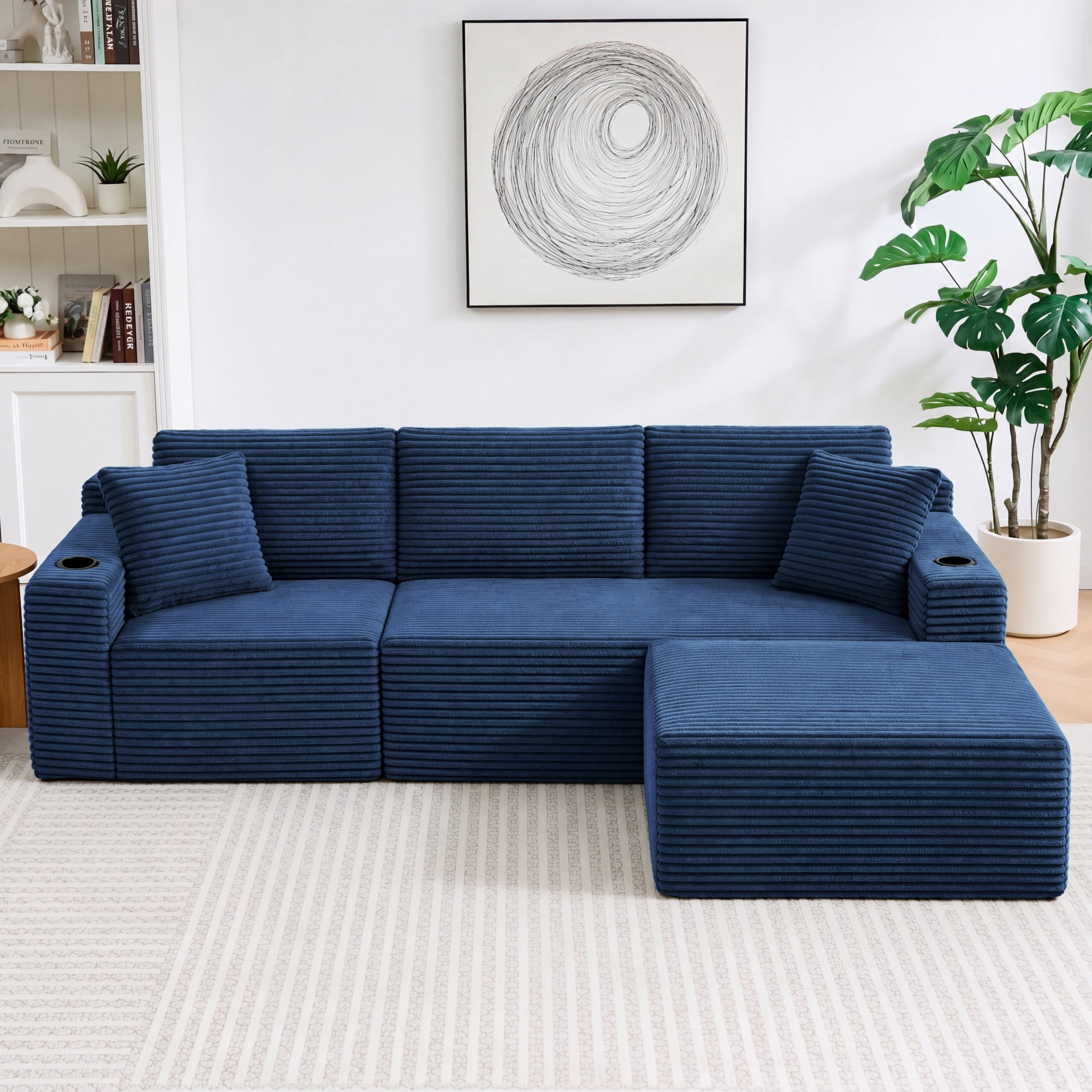 HOQBN L-Shaped Sectional Sofa with Ottoman, Corduroy 3-Seat Couch, Modern Modular Sofa for Living Room Blue