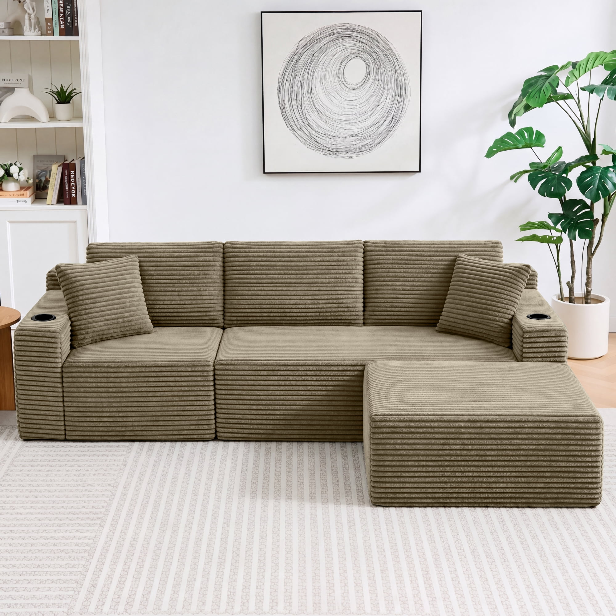 HOQBN L-Shaped Sectional Sofa with Ottoman, Corduroy 3-Seat Couch, Modern Modular Sofa for Living Room Camel