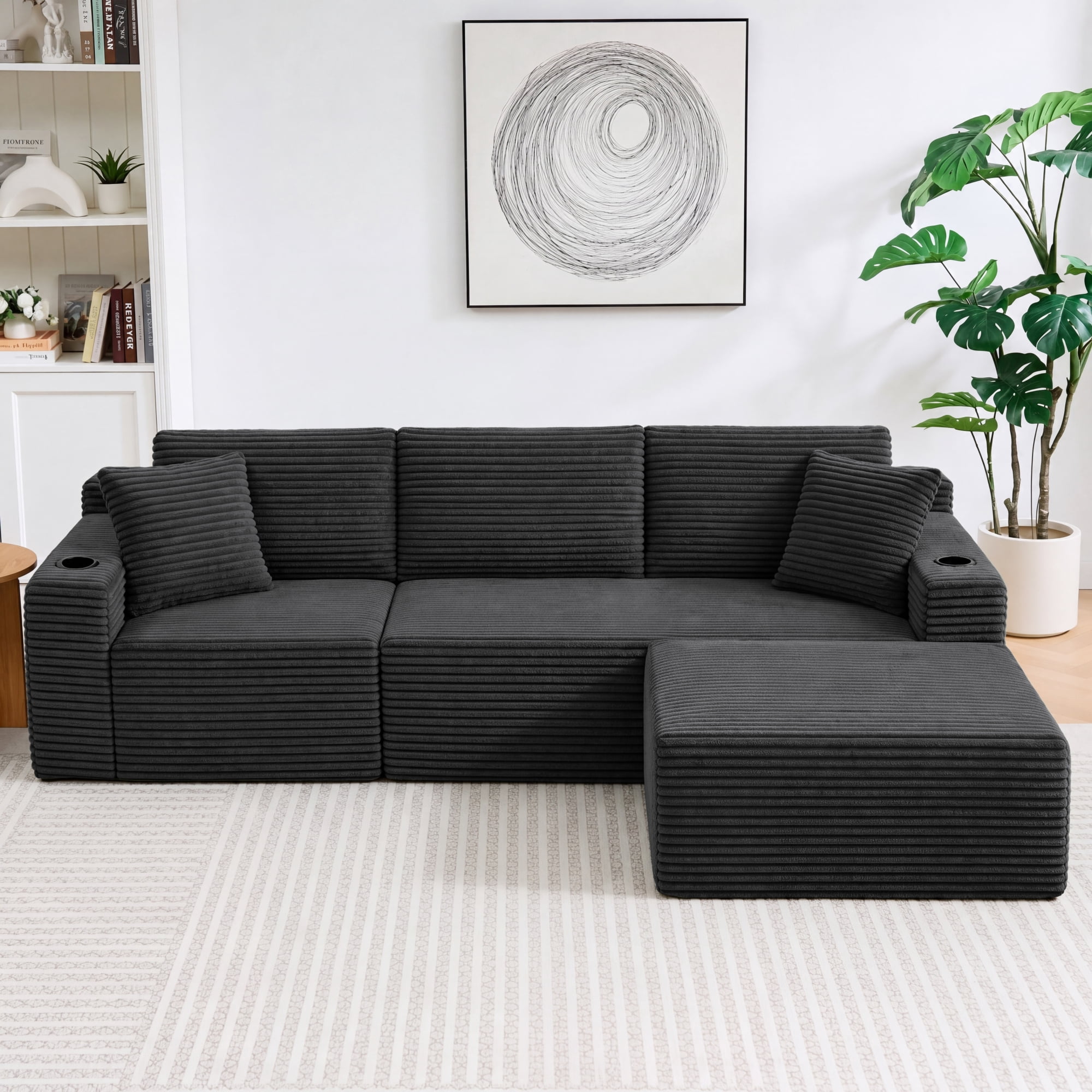 HOQBN L-Shaped Sectional Sofa with Ottoman, Corduroy 3-Seat Couch, Modern Modular Sofa for Living Room Dark Gray