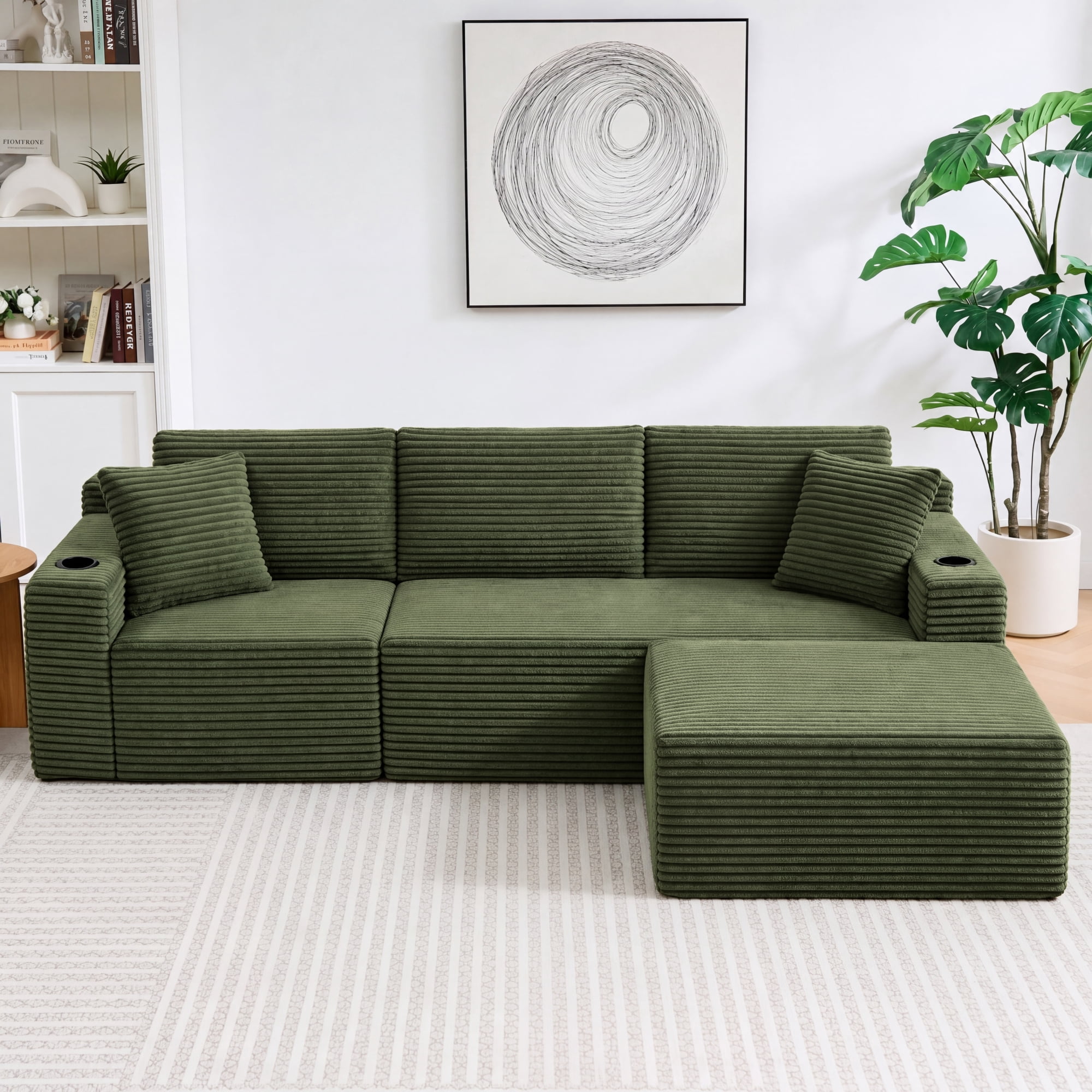 HOQBN L-Shaped Sectional Sofa with Ottoman, Corduroy 3-Seat Couch, Modern Modular Sofa for Living Room Green