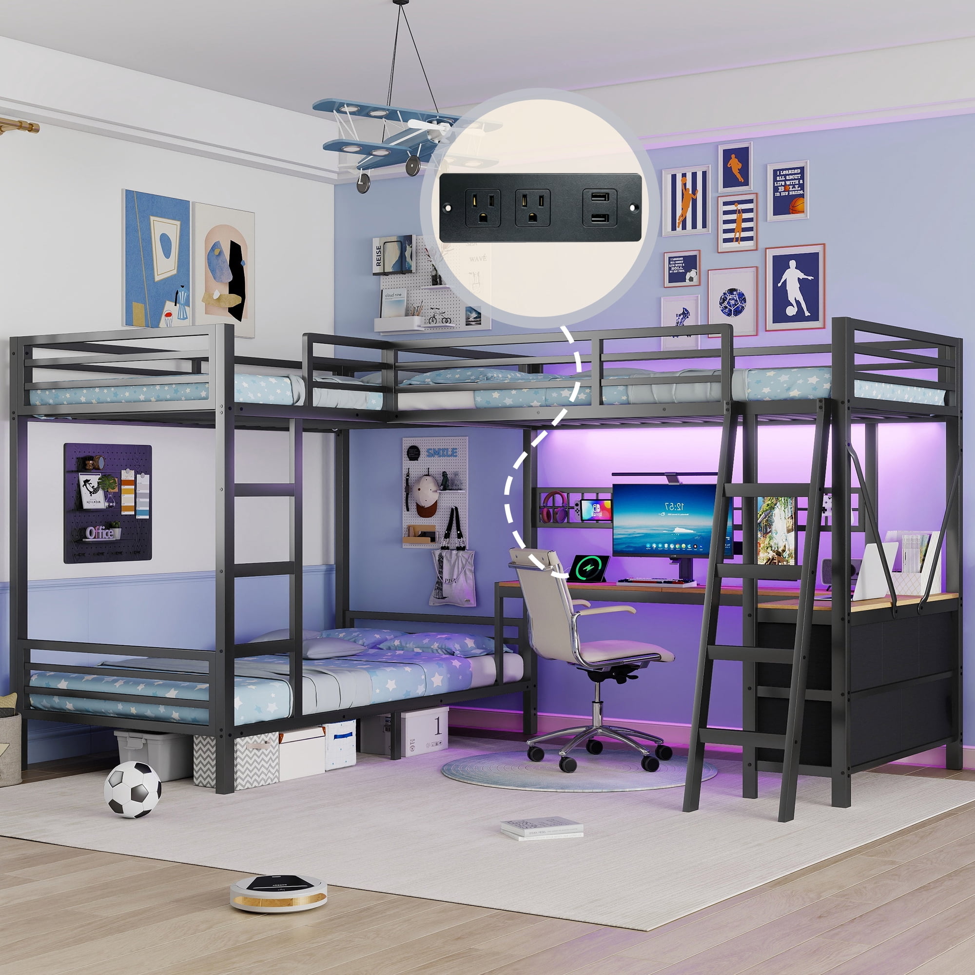 HOQBN L-Shaped Triple Bunk Bed with L-Shaped Desk and 5 Lagre Drawer,Twin Over Twin Over Twin Bunk Bed Frame with Charging Station,LED Lights,DIY Grid and Ladder,Black