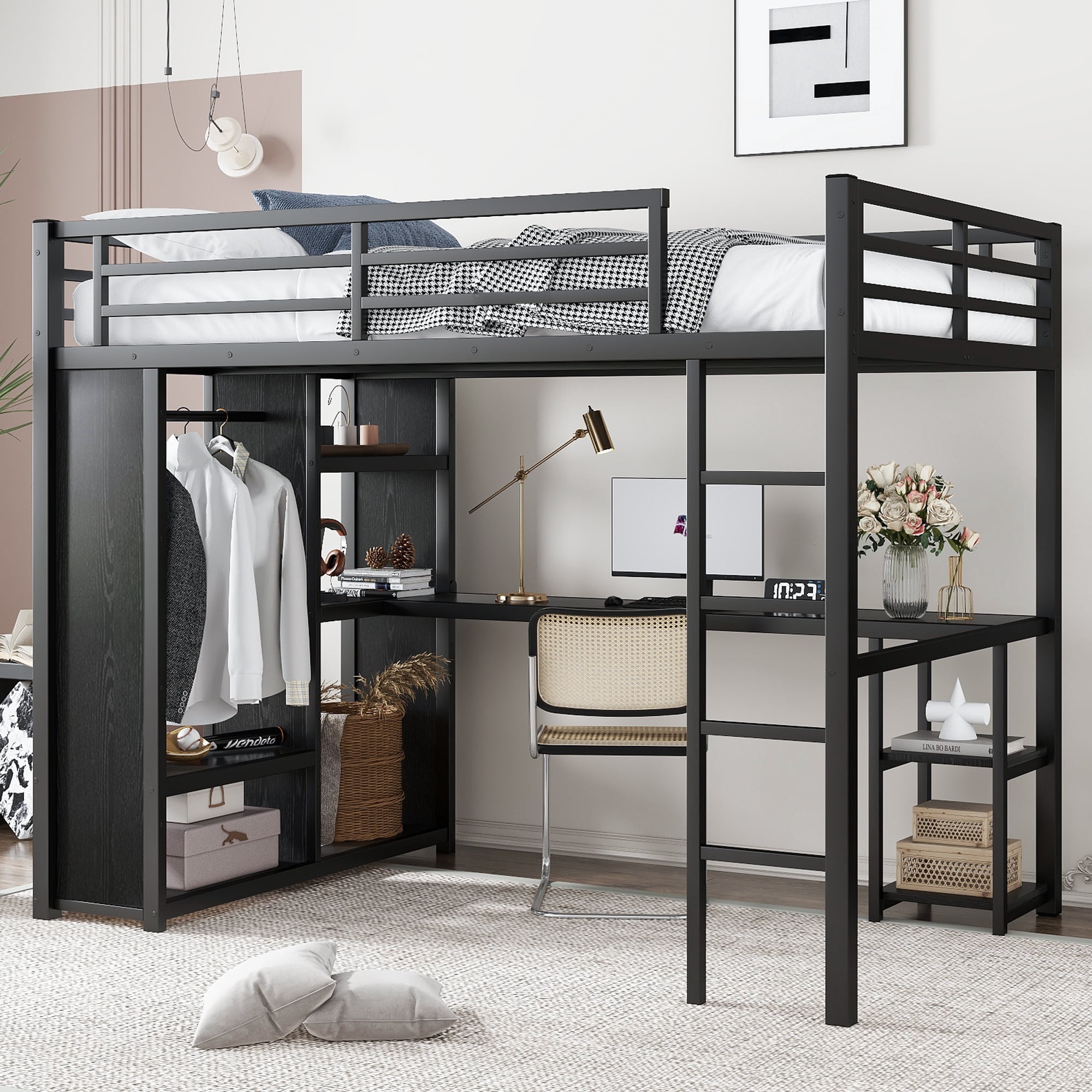 HOQBN Loft Bed Full Size with Built-in Wardrob,Metal Loft Bed Frame with Desk and Storage Shelves,Black