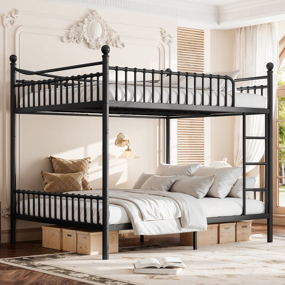 HOQBN Metal Bunk Bed Queen Over Queen,Heavy Duty Metal Bed Frame with Unique Curved Guardrail Design,No Box Spring Required,Black