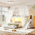 thumbnail image 1 of HOQBN Metal Bunk Bed Twin over Full,Playhouse Bunk Bed Frame with Slide & Ladder,LED Light Strip, Privacy Curtain, Movable Storage Cabinet and Hanging Rod,Antique White, 1 of 25