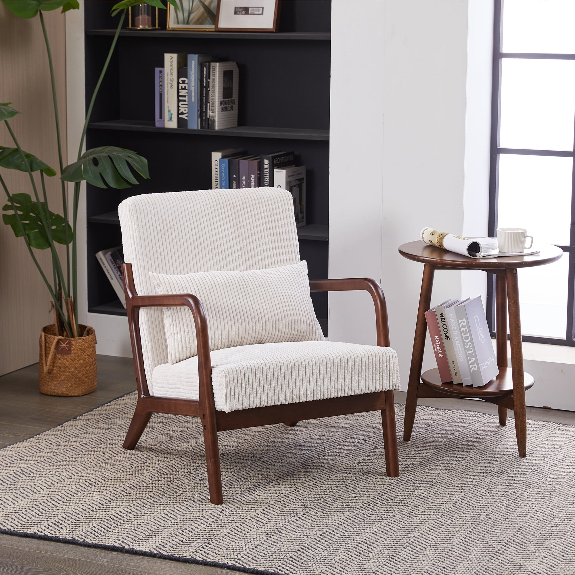 HOQBN Modern Accent Chair,Upholstered Armchair with Pillow, Solid Wood Frame Reading Chair for Living Room Bedroom Balcony,Beige02
