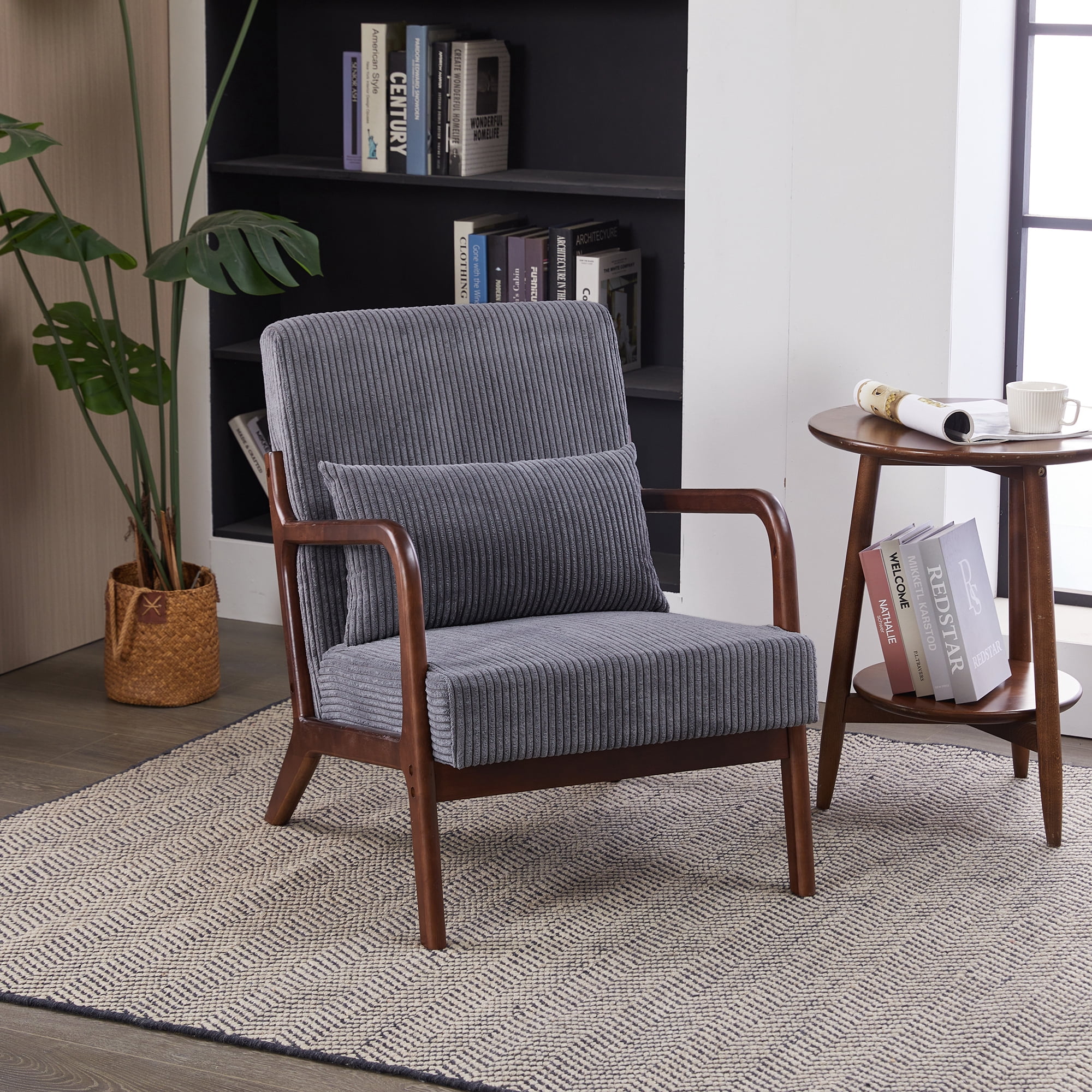 HOQBN Modern Accent Chair,Upholstered Armchair with Pillow, Solid Wood Frame Reading Chair for Living Room Bedroom Balcony,Dark Grey