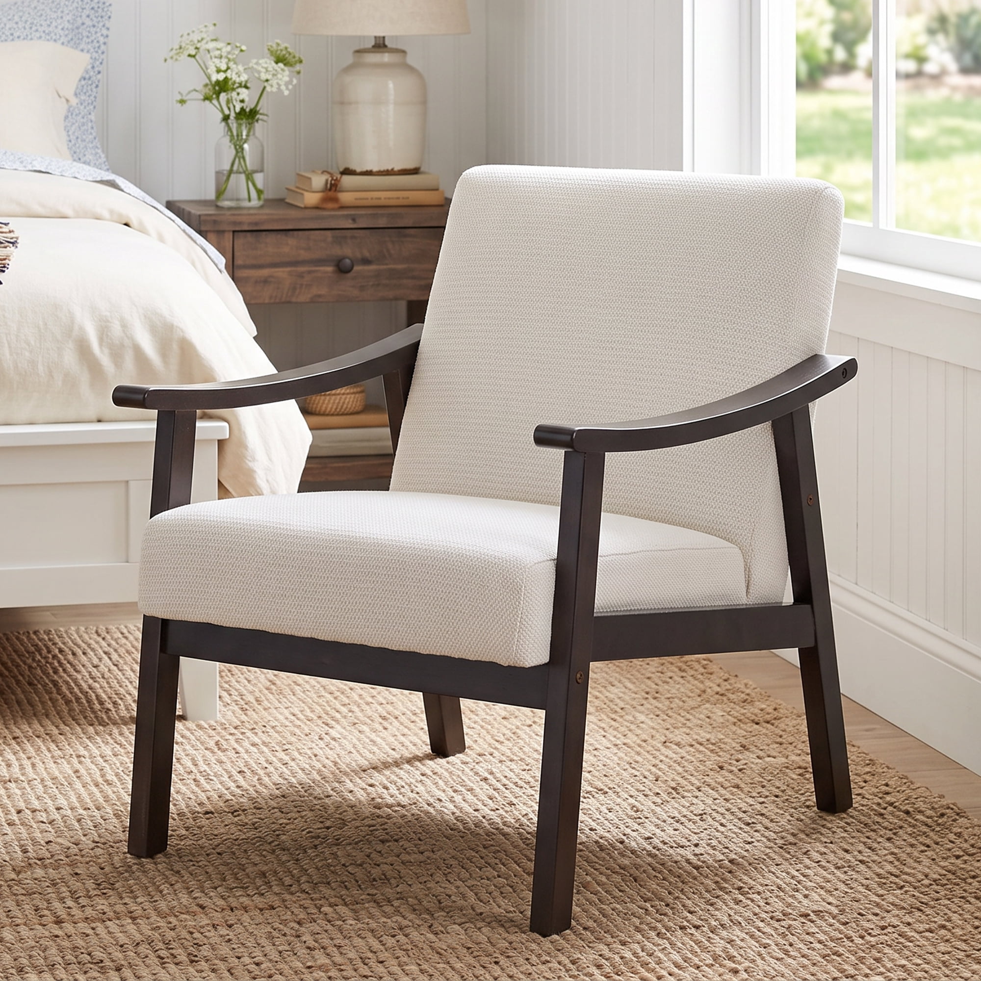 HOQBN Modern Armchair with High Back,Upholstered Living Room Chairs with Solid Wood Legs,Leisure Reading Chair for Living Room, Bedroom,White