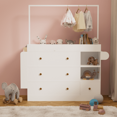 HOQBN Modern Dresser Table, Dressing Table with 3 Extra Deep Drawers, Storage Shelves & Hangers, Multi-Functional Changing Table with Drying Rack, White