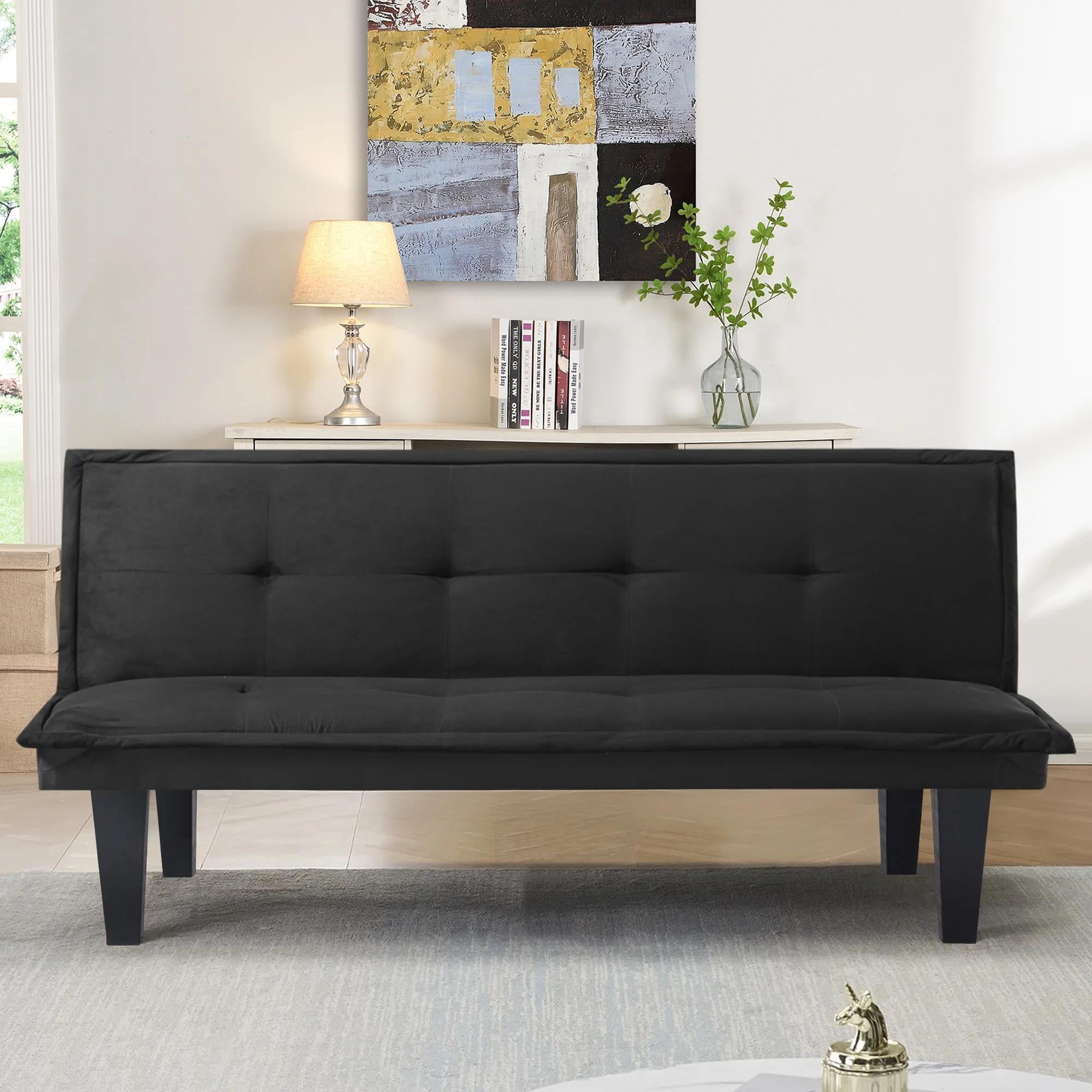 HOQBN Modern Faux Suede Futon Sofa Bed,Convertible Sleeper Sofa Bed with 3 Adjustable Backrest Angles,Upholstered Couch Loveseat for Apartment,Living Room,Small Space,Black