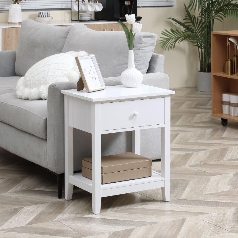 HOQBN Modern Side Table for Living Room, 2-Tier End Table with Drawer and Storage Shelf, White