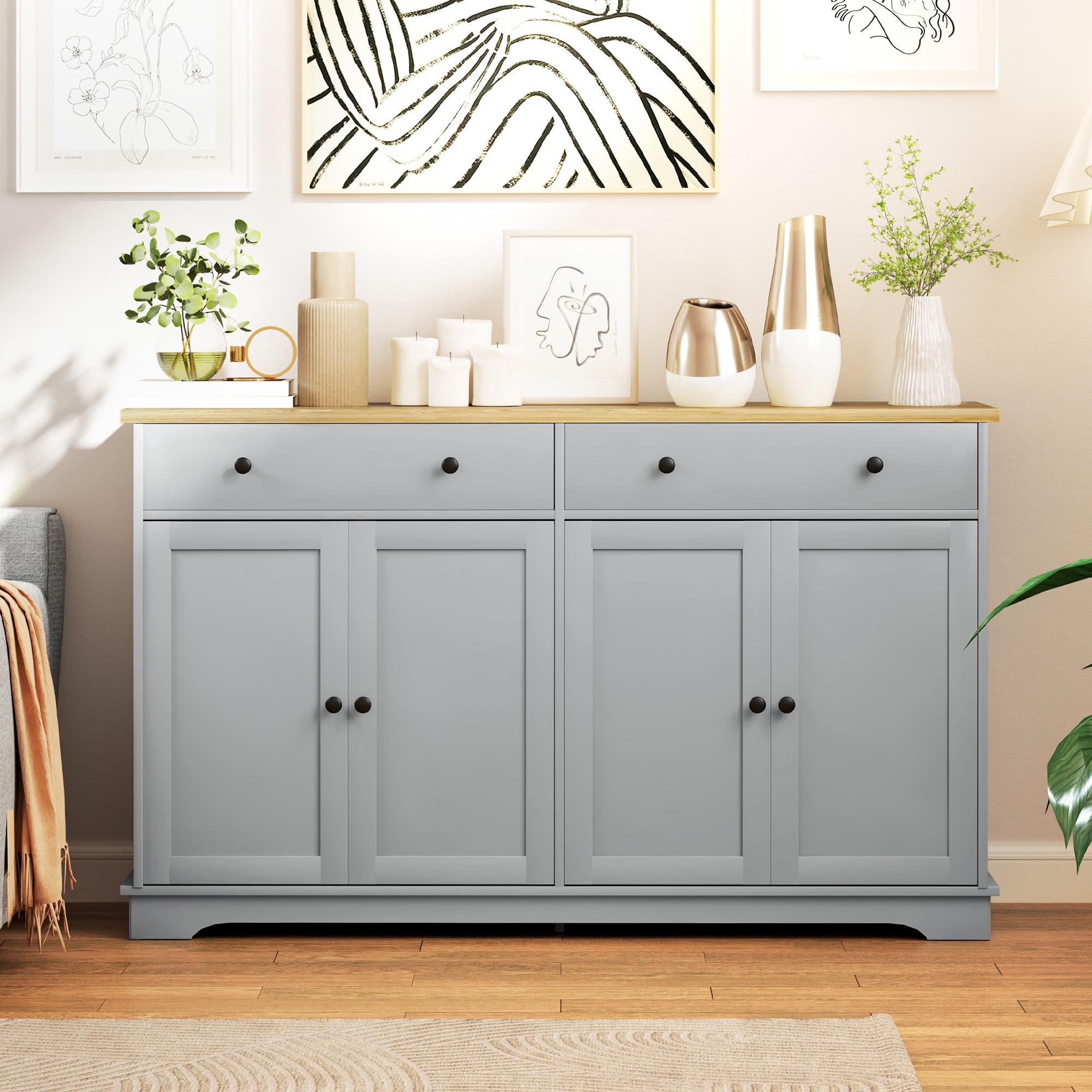 HOQBN Modern Sideboard, Buffet Cabinet with Storage Drawers, Adjustable Shelves for Living Room, Dining Room, Entryway, Gray
