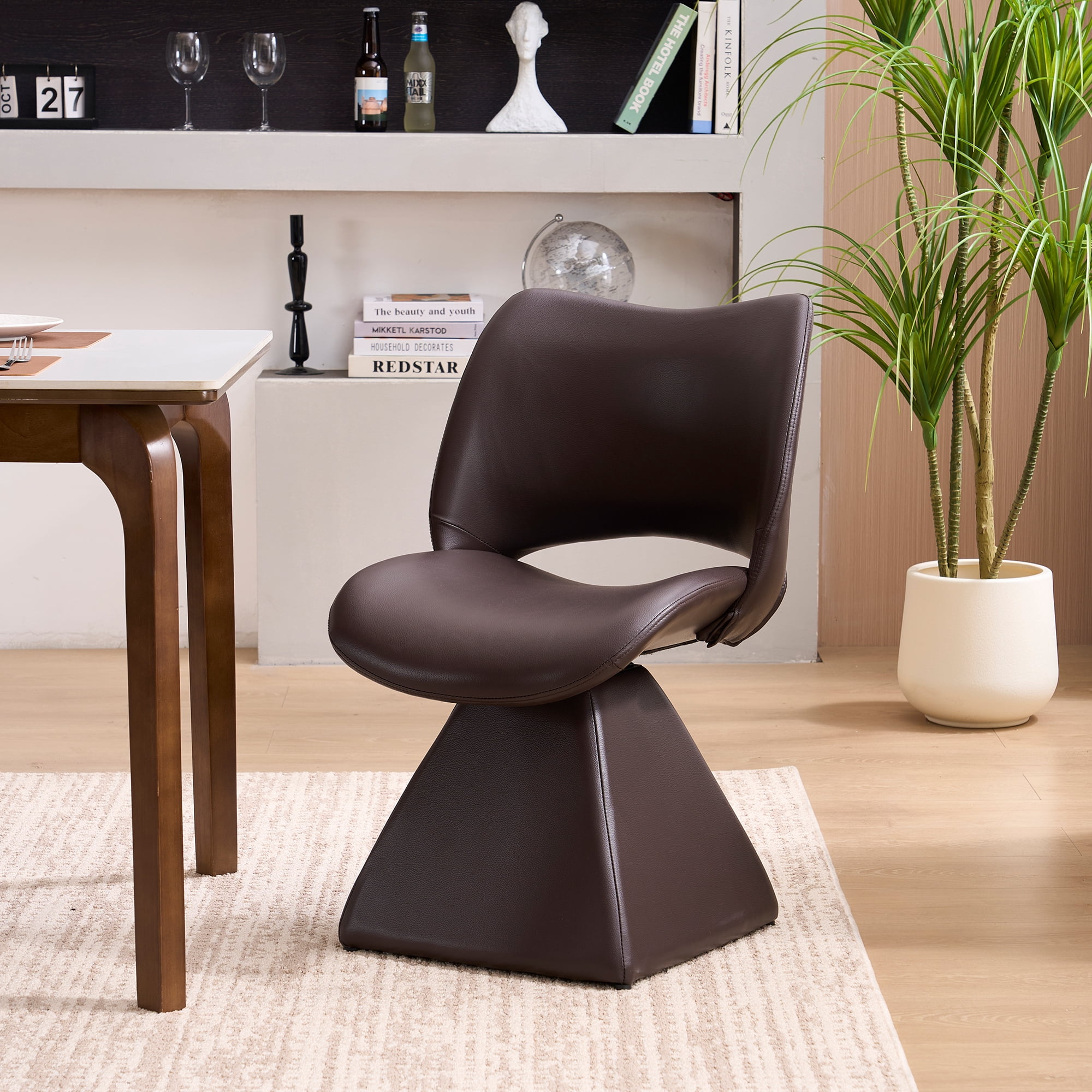 HOQBN Modern Swivel Dining Chair with Faux Leather, 360-Degree Upholstery Dining Chair with High Curved Back for Kitchen, Dining Room,Dark Brown