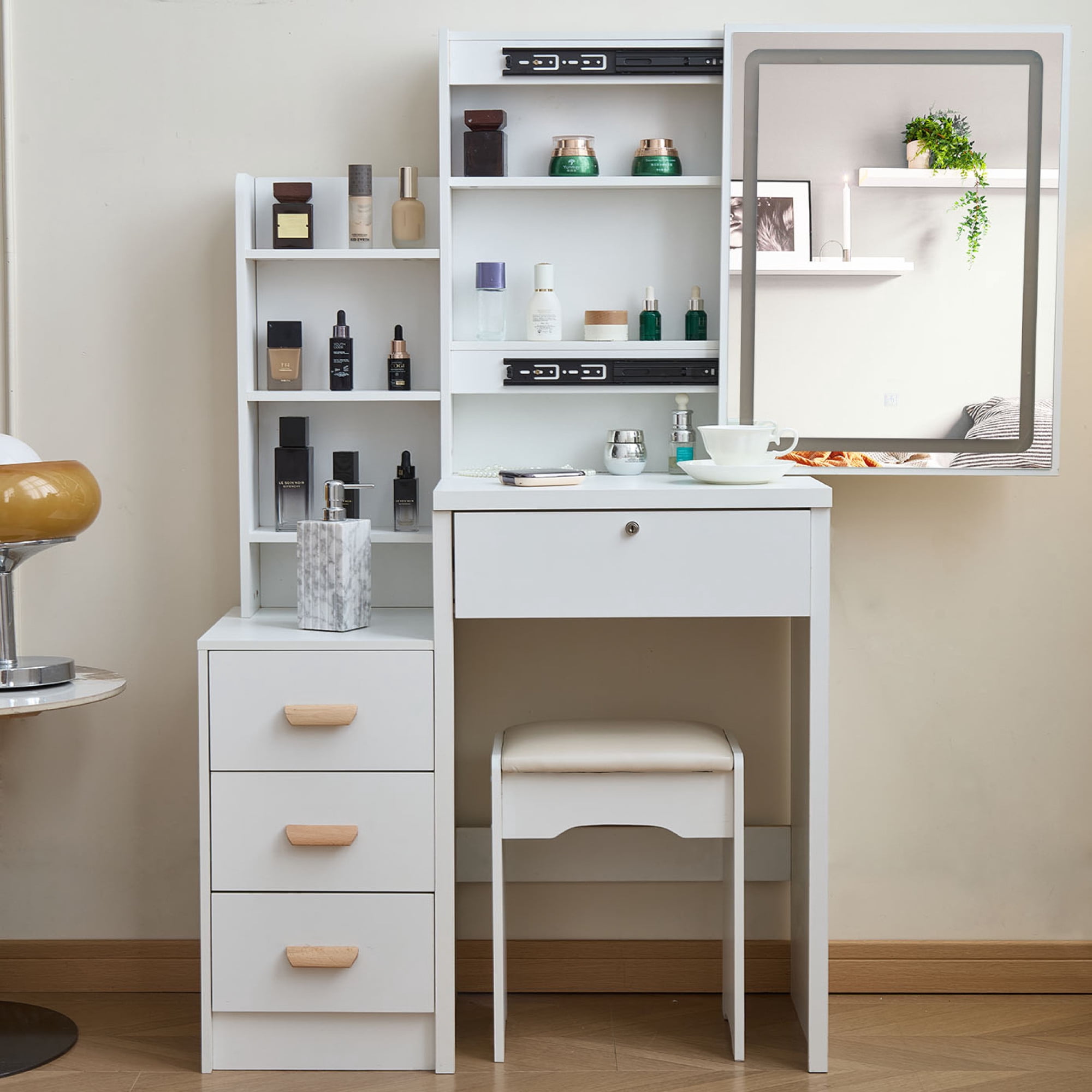 HOQBN Modern White Vanity Set with Mirror & Lights,Bedroom Makeup Table