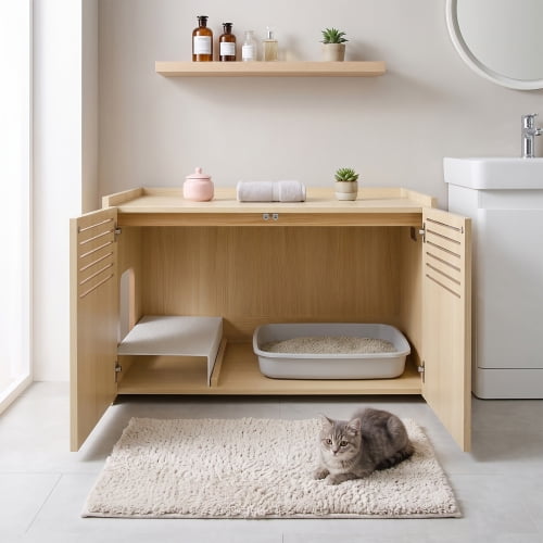 HOQBN Modern Wooden Cat House with Scratching Pad, Cat Litter Box ...