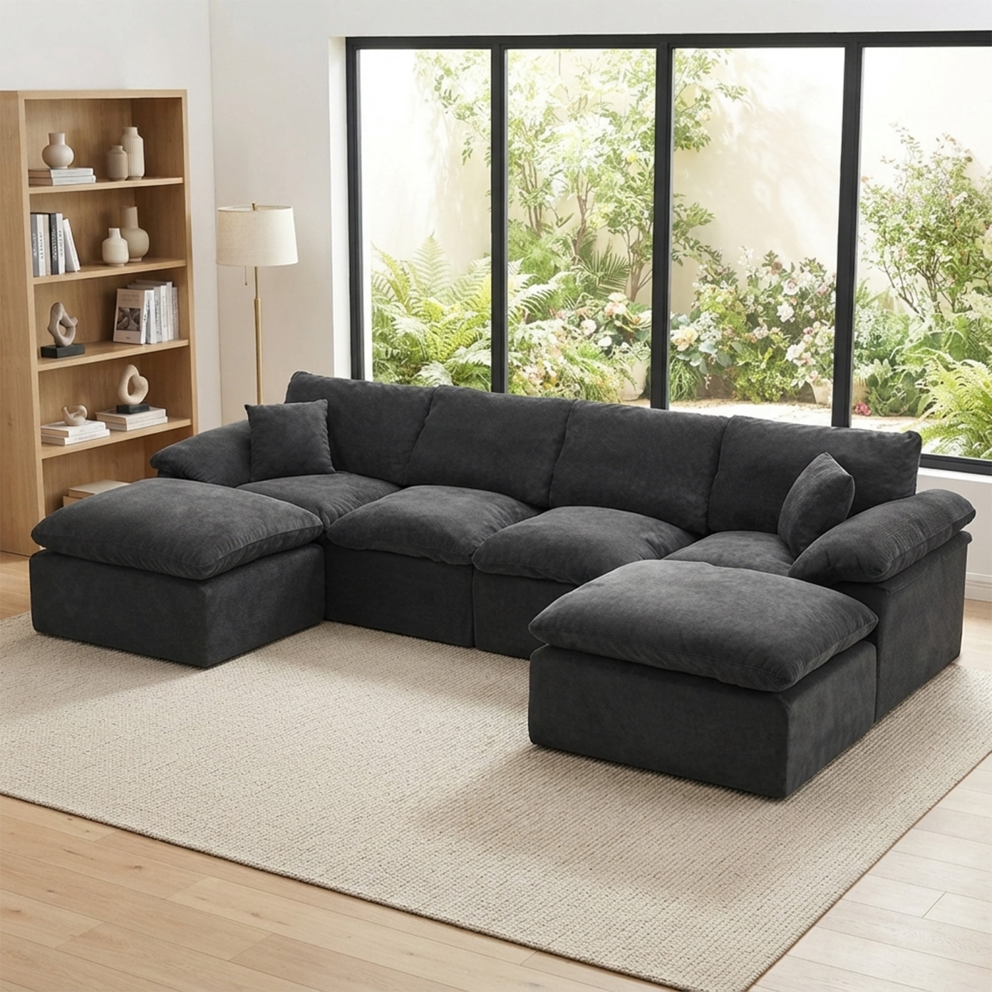 HOQBN Modular Sectional Sofa, L Shape Cloud Couch with 2 Movable Ottoman, Comfy Chenille Deep Seat Sofa with Soft Pillows for Living Room Apartment (Black)