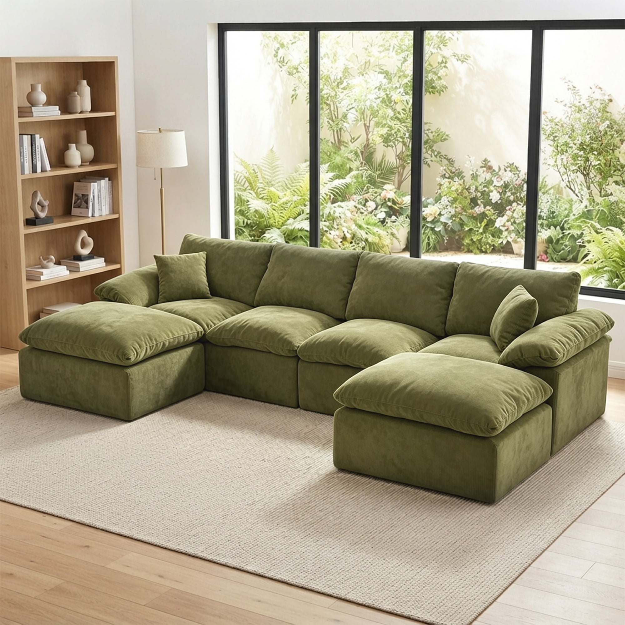 HOQBN Modular Sectional Sofa, L Shape Cloud Couch with 2 Movable Ottoman, Comfy Chenille Deep Seat Sofa with Soft Pillows for Living Room Apartment (Green)