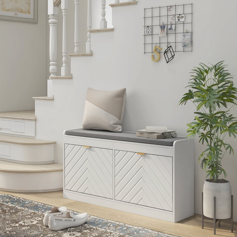 HOQBN Narrow Storage Bench, Upholstered Entryway Bench, Shoe Rack Bench with 2 Flip Drawers and 2 Vents, Holds 8 Pairs of Shoes