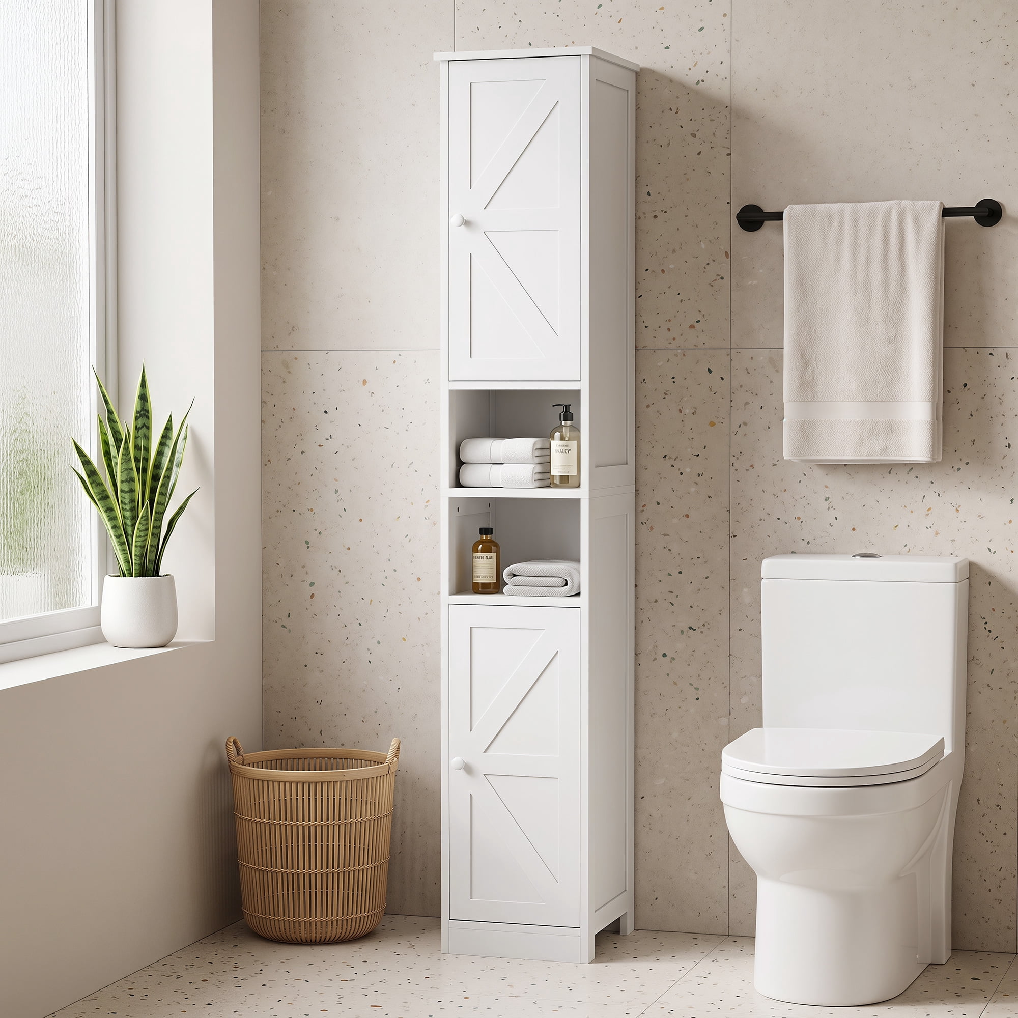 HOQBN Narrow Tall Bathroom Storage Cabinet, 70" Slim Freestanding Bathroom Cabinet with Adjustable Shelves, Open Shelves