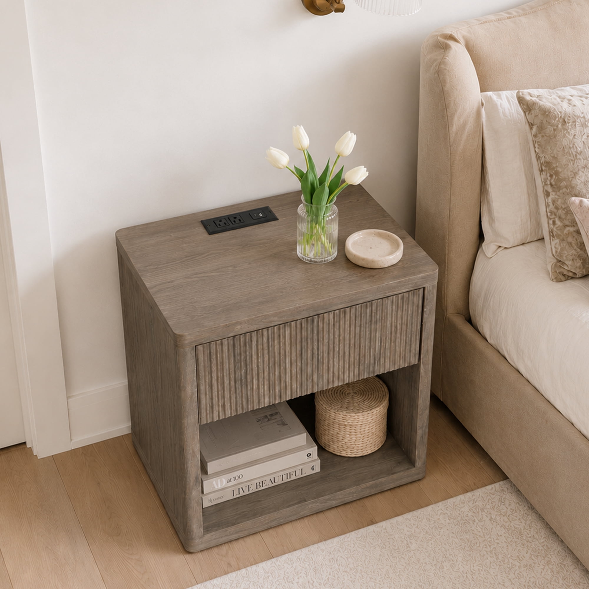 HOQBN Nightstand with 1 Drawer Storage Fluted Bed Side Table End Table Large Modern Wide Bedside Stand for Bedroom Living Room,Greige