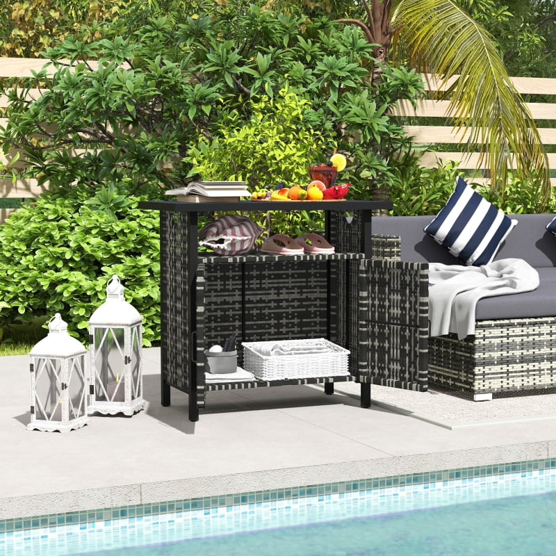 HOQBN Outdoor Pool Towel Storage Cabinet Organizer, Outdoor Bar Table with Shelf and Cabinet, Pool Towel Holder Pool HOQBN Valet with Weather-Resistant PE Rattan and Steel Frame, Mixed-Gray