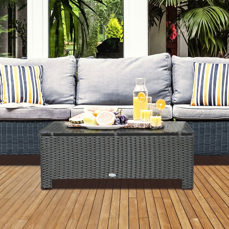 HOQBN PE Rattan Coffee Table, Rectangular Outdoor Coffee Table with Tempered Glass Top, 70 KG Capacity for Garden, Balcony, Terrace, Patio, Black