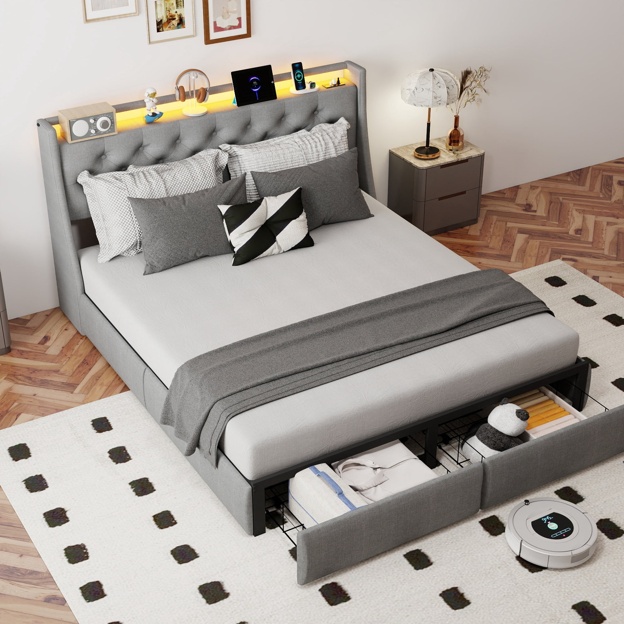HOQBN Queen Size Metal Platform Bed Frame, Tufted Linen Headboard with 2 Foot Drawers, Remote RGB LED, USB Type-C AC Charging Station, 800LBS Noise Free Slat Support, No Box Spring
