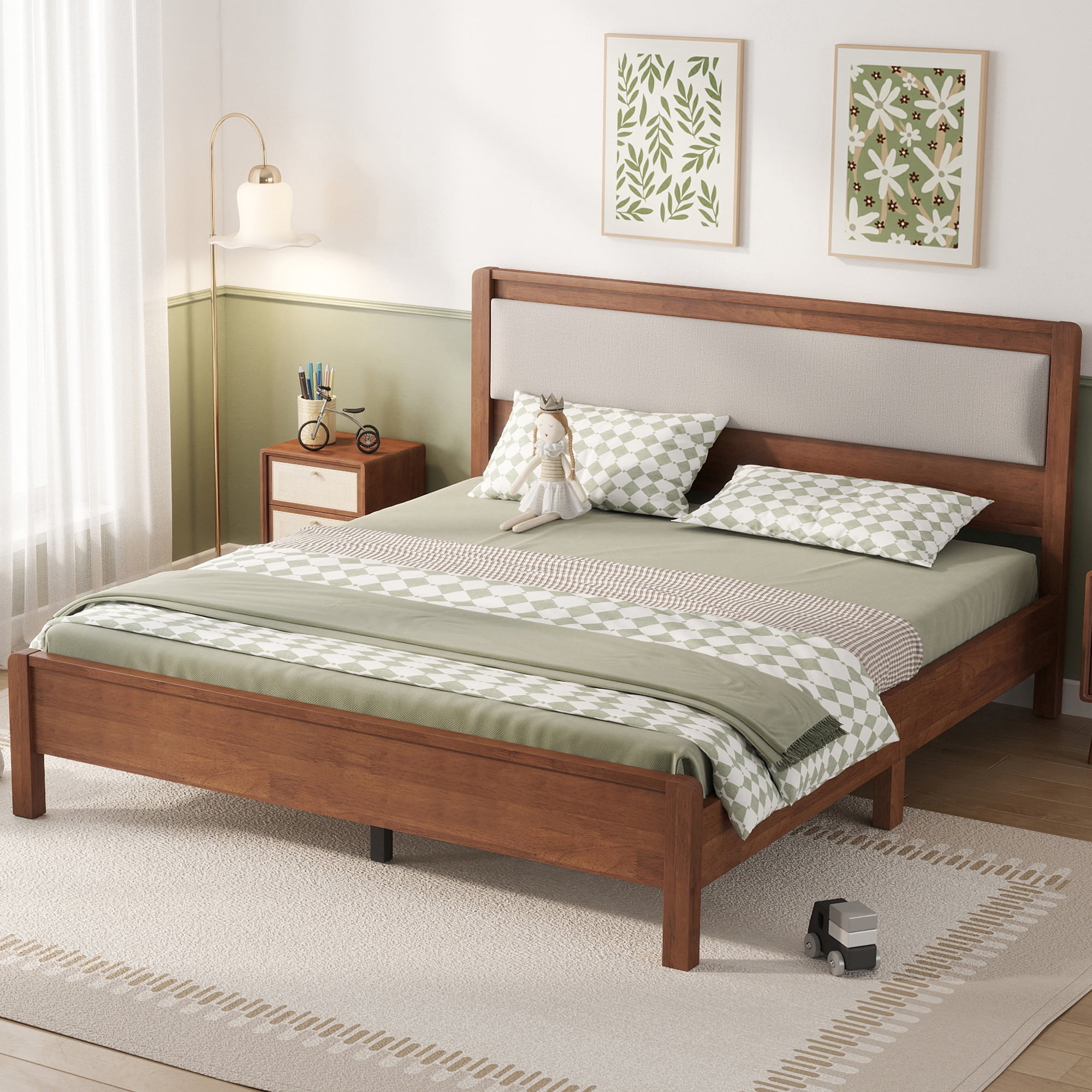HOQBN Queen Solid Rubberwood Bed Frame with Upholstered Headboard, Reinforced Central Support Legs for Bedroom Brown