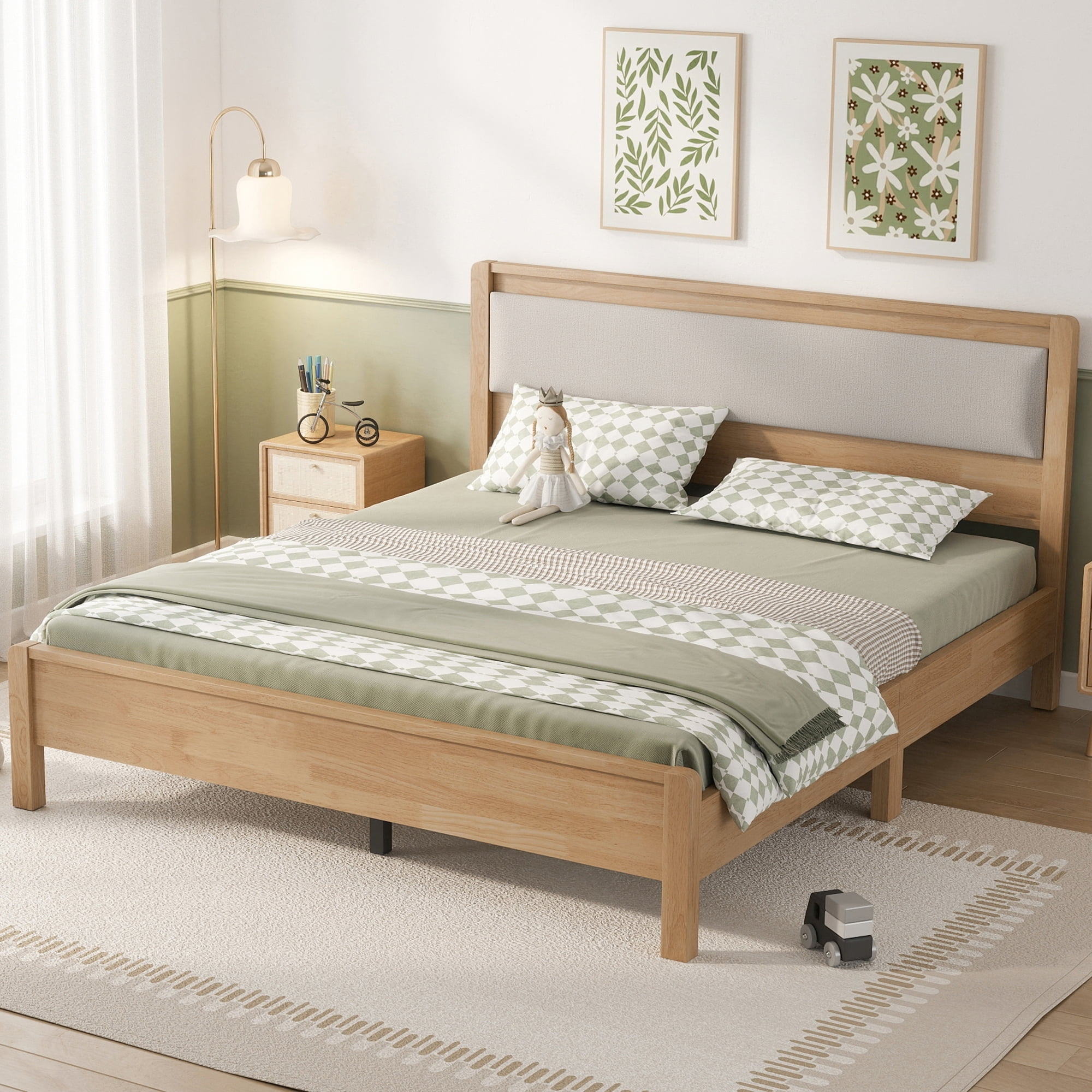 HOQBN Queen Solid Rubberwood Bed Frame with Upholstered Headboard, Reinforced Central Support Legs for Bedroom Natural