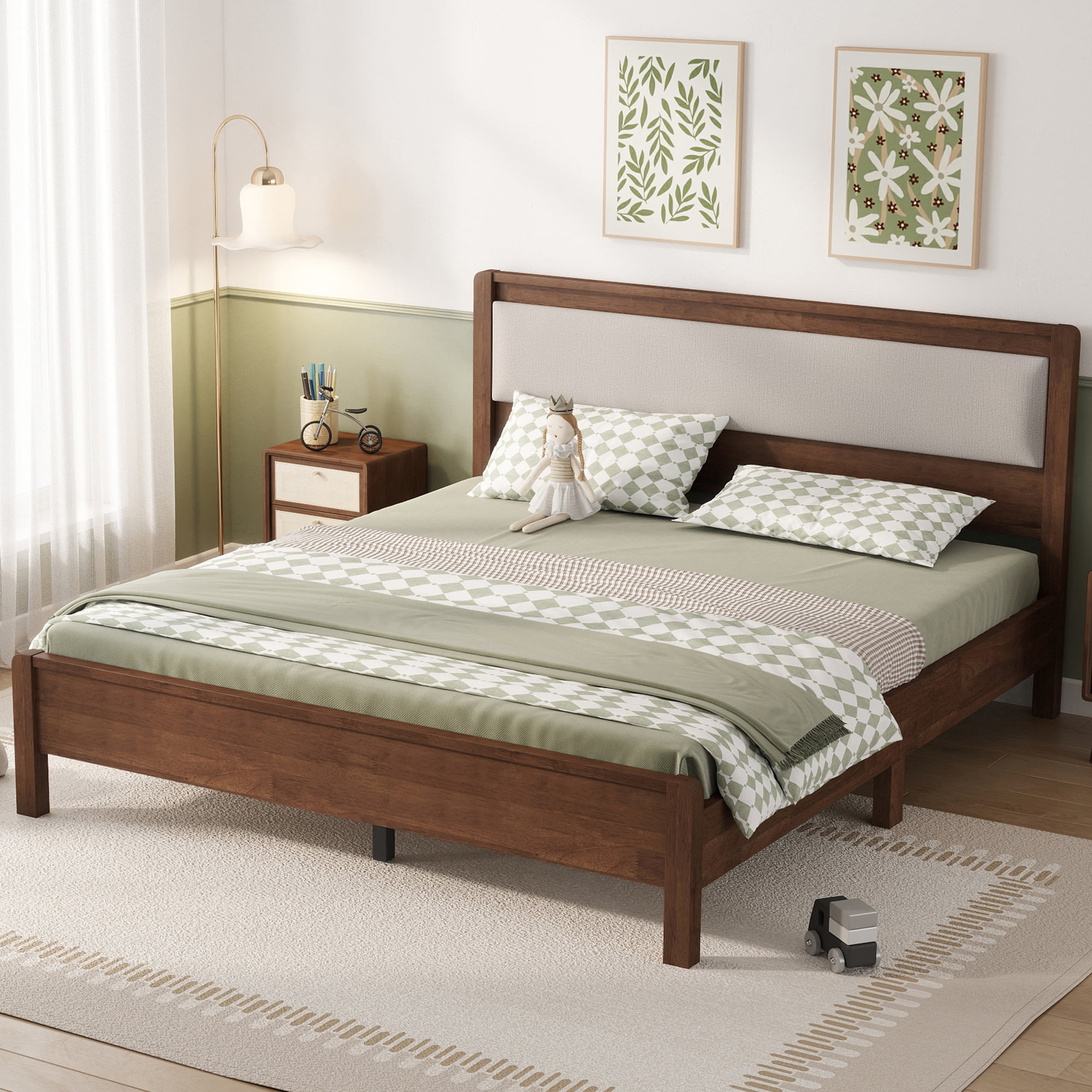 HOQBN Queen Solid Rubberwood Bed Frame with Upholstered Headboard, Reinforced Central Support Legs for Bedroom Walnut