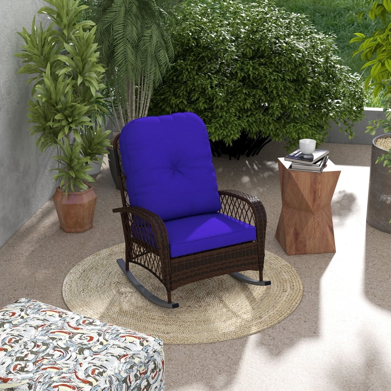 HOQBN Rattan Porch Rocker w/ Plush Cushion, Dark Blue
